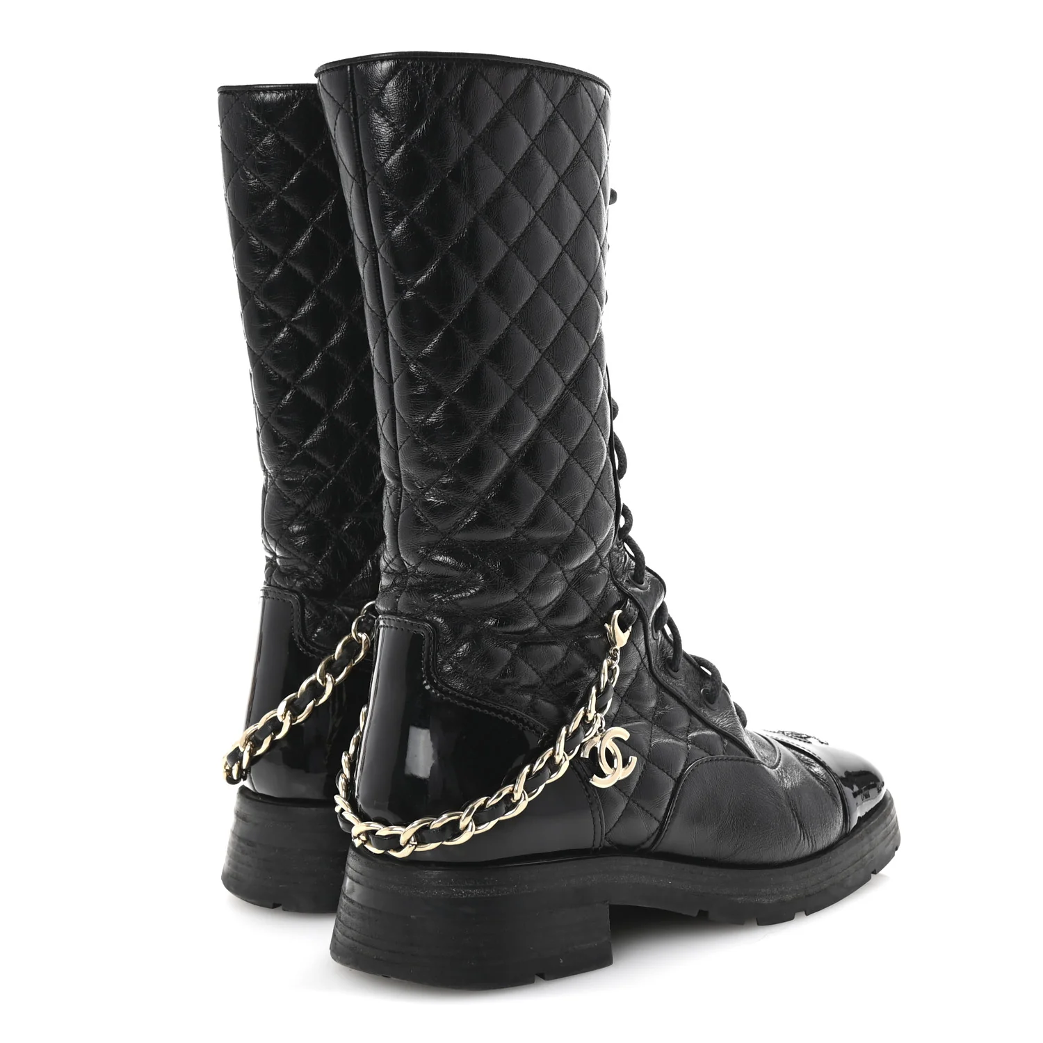 Shiny Calfskin Patent Quilted Chain Lace Up Combat Long Boots 38.5 Black - Top Club