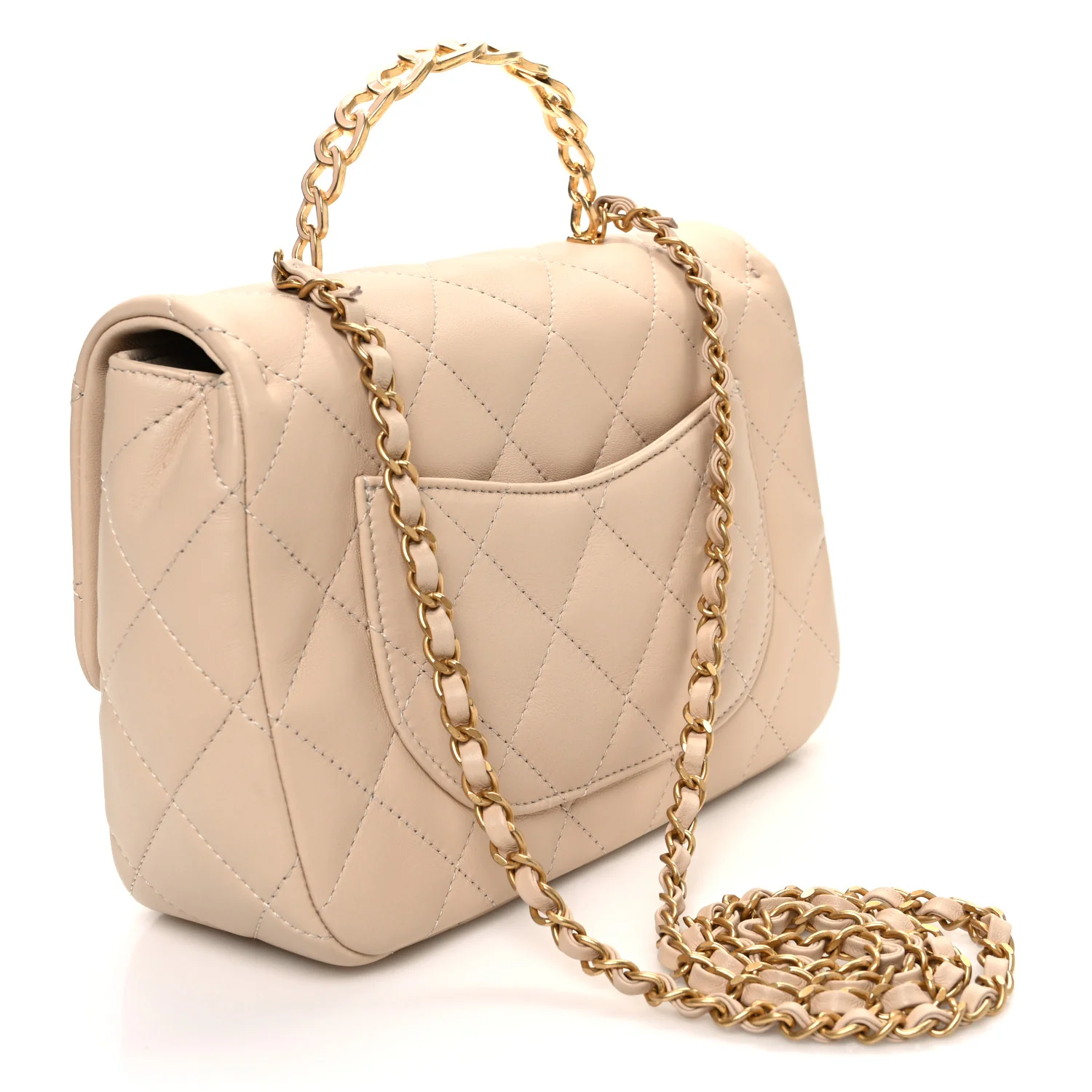 Lambskin Quilted Metal Enamel Chain Top Handle Square Flap Beige - Top Club