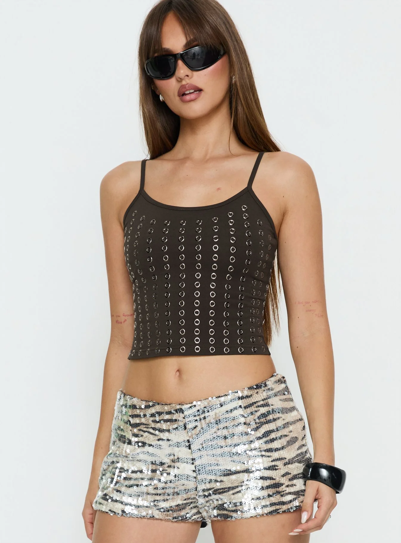 Winter Solstice Scoop Neck Eyelet Detail Top Dark Slate