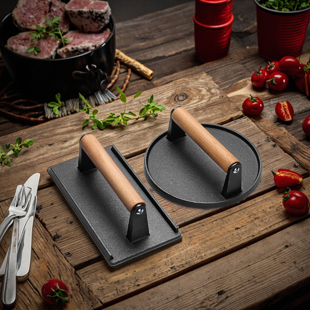 Cast iron burger press smasher for griddle grilling