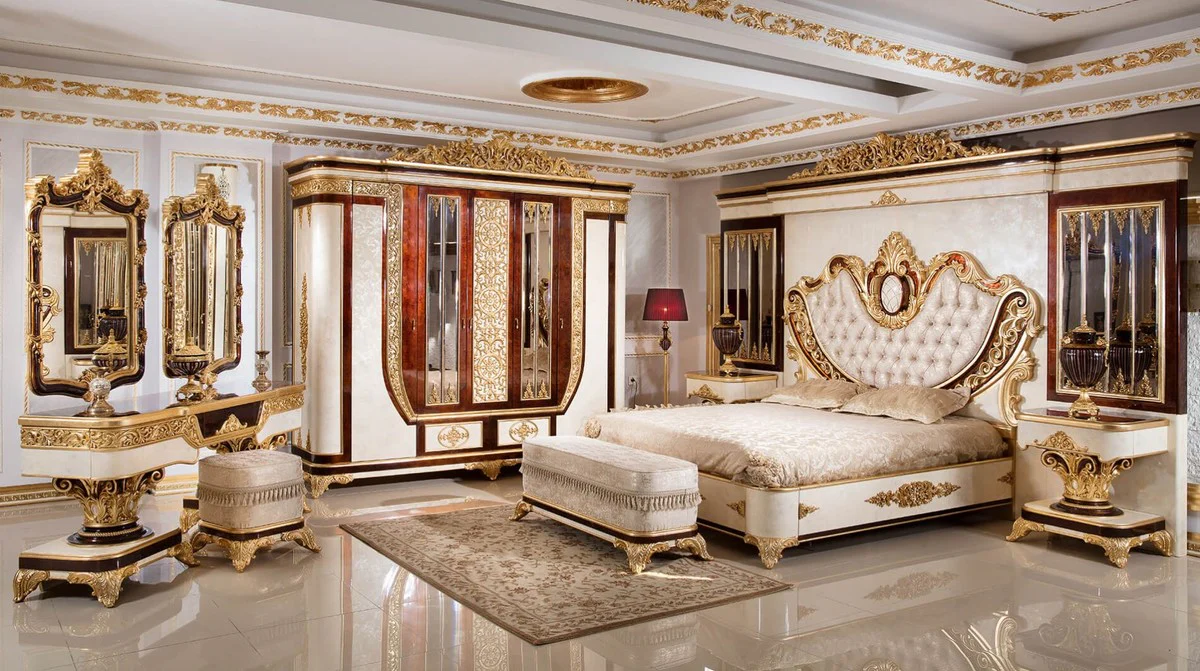 Luxury Baroque Bedroom Set Brown / White / Gold - 1 Baroque Dressing Table & 2 Baroque Mirrors & 1 Baroque Stool - Baroque Bedroom Furniture - Noble & Magnificent