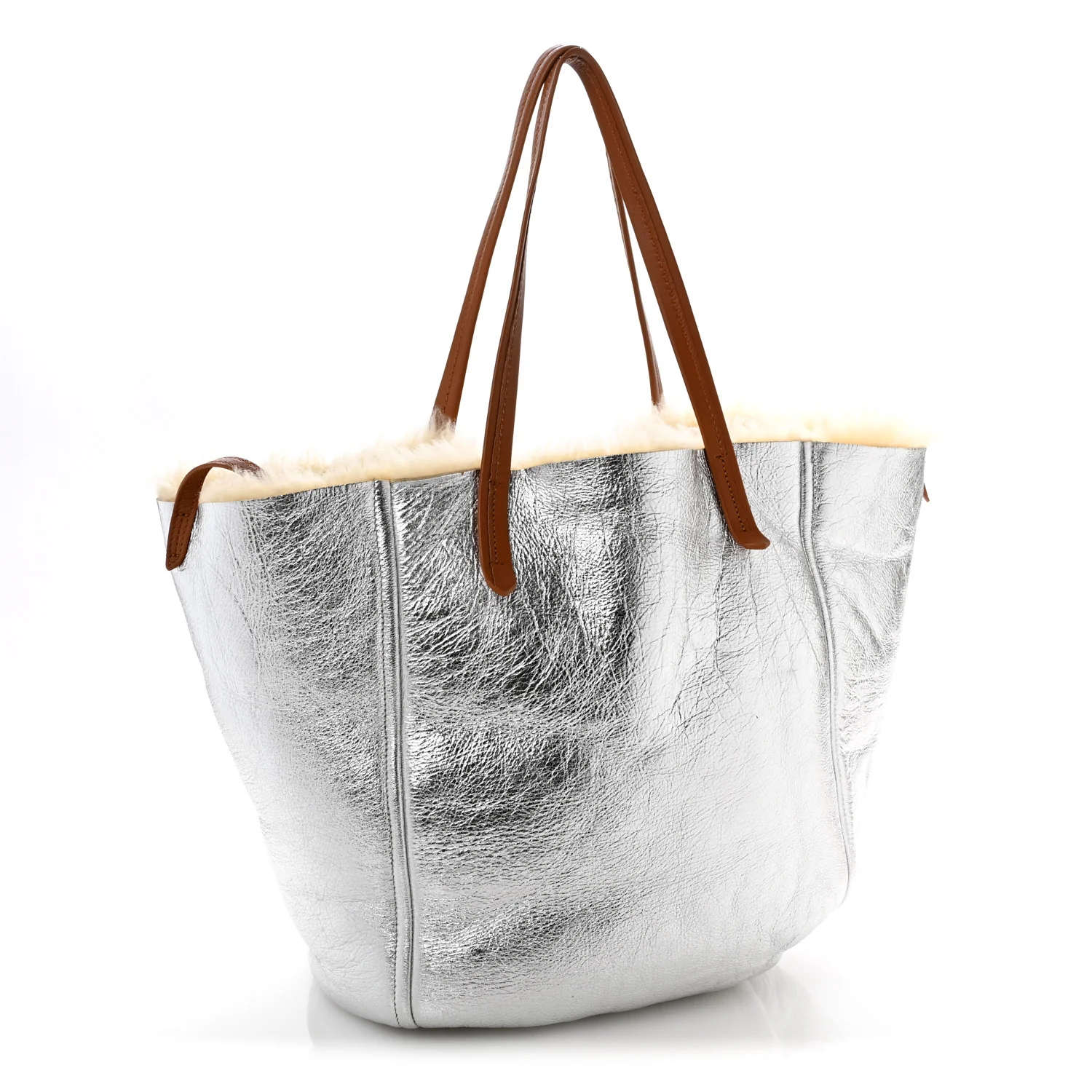 Metallic Lambskin Shearling Medium Phantom Cabas Reversible Tote Natural Silver - Top Club
