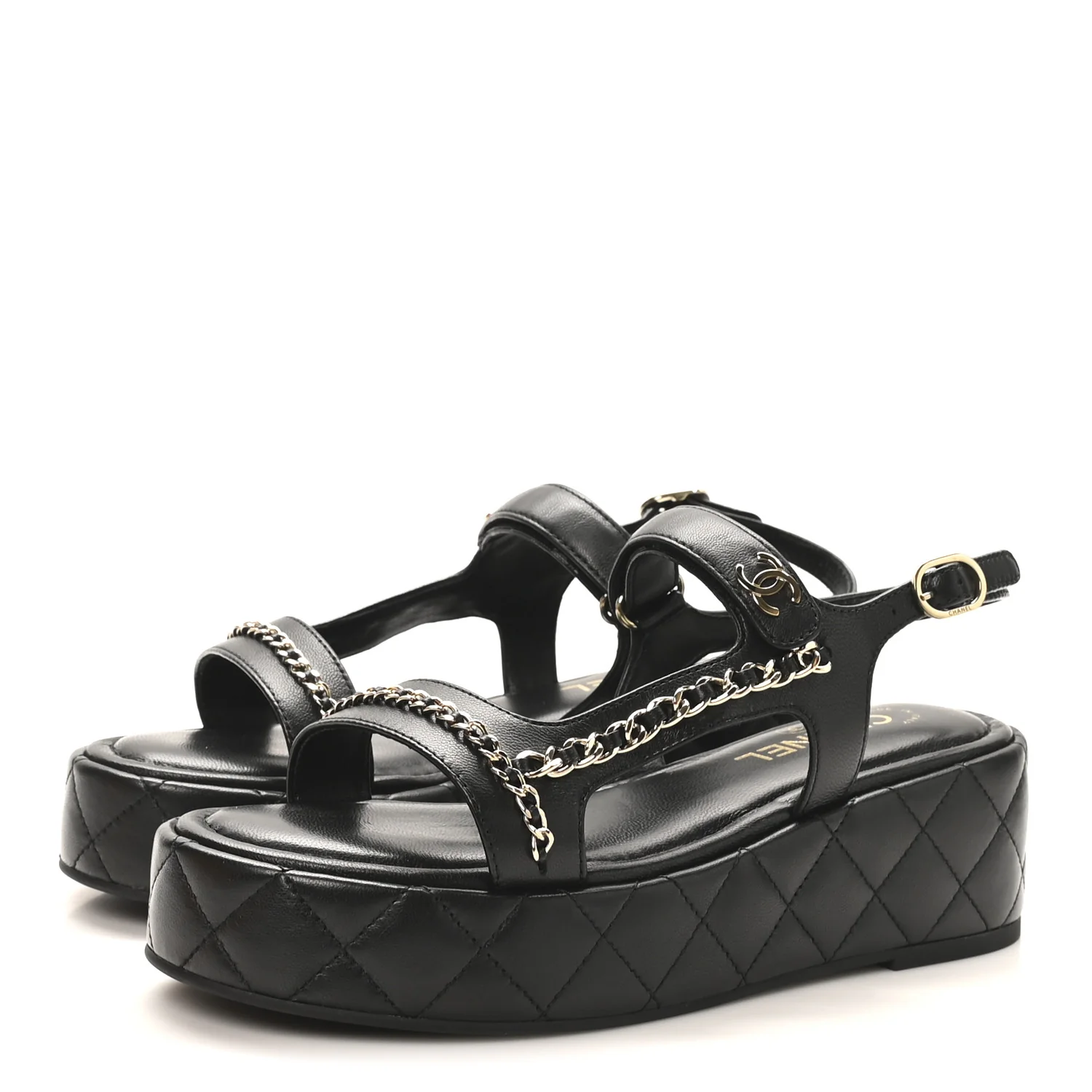 Lambskin Quilted Chain CC Platform Sandals 39.5 Black - Top Club