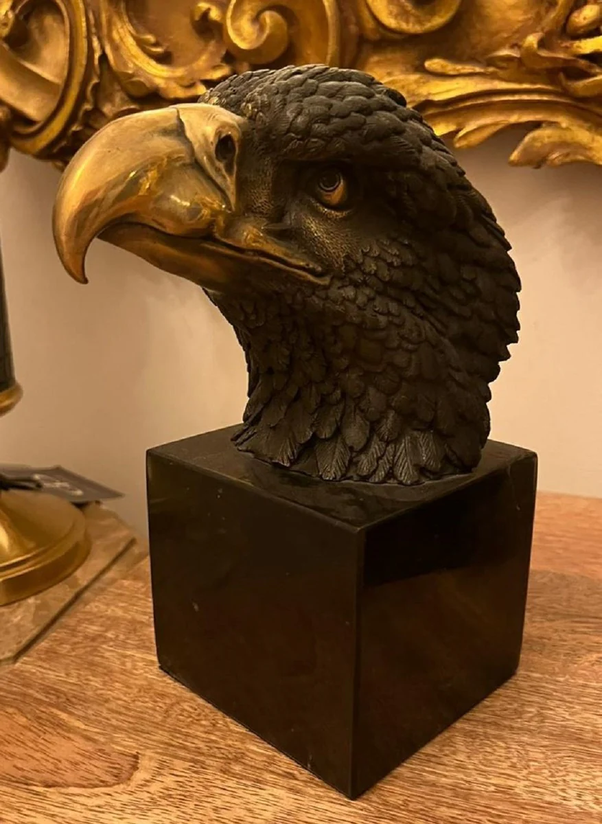 Luxury bronze decorative sculpture eagle head black / gold 10 x 17 x H. 22 cm - bronze figure with marble base - living room decoration - desk decoration - decorative accessories