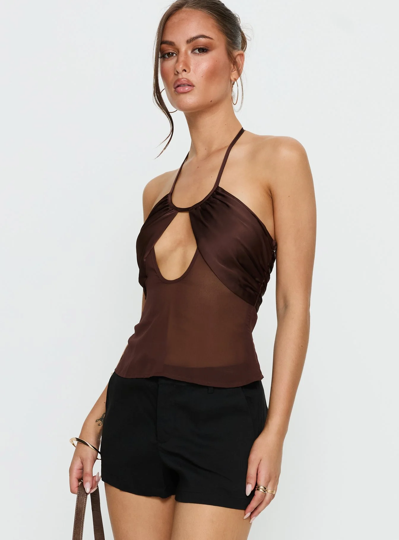 Whisperer Halter Chiffon Top Brown