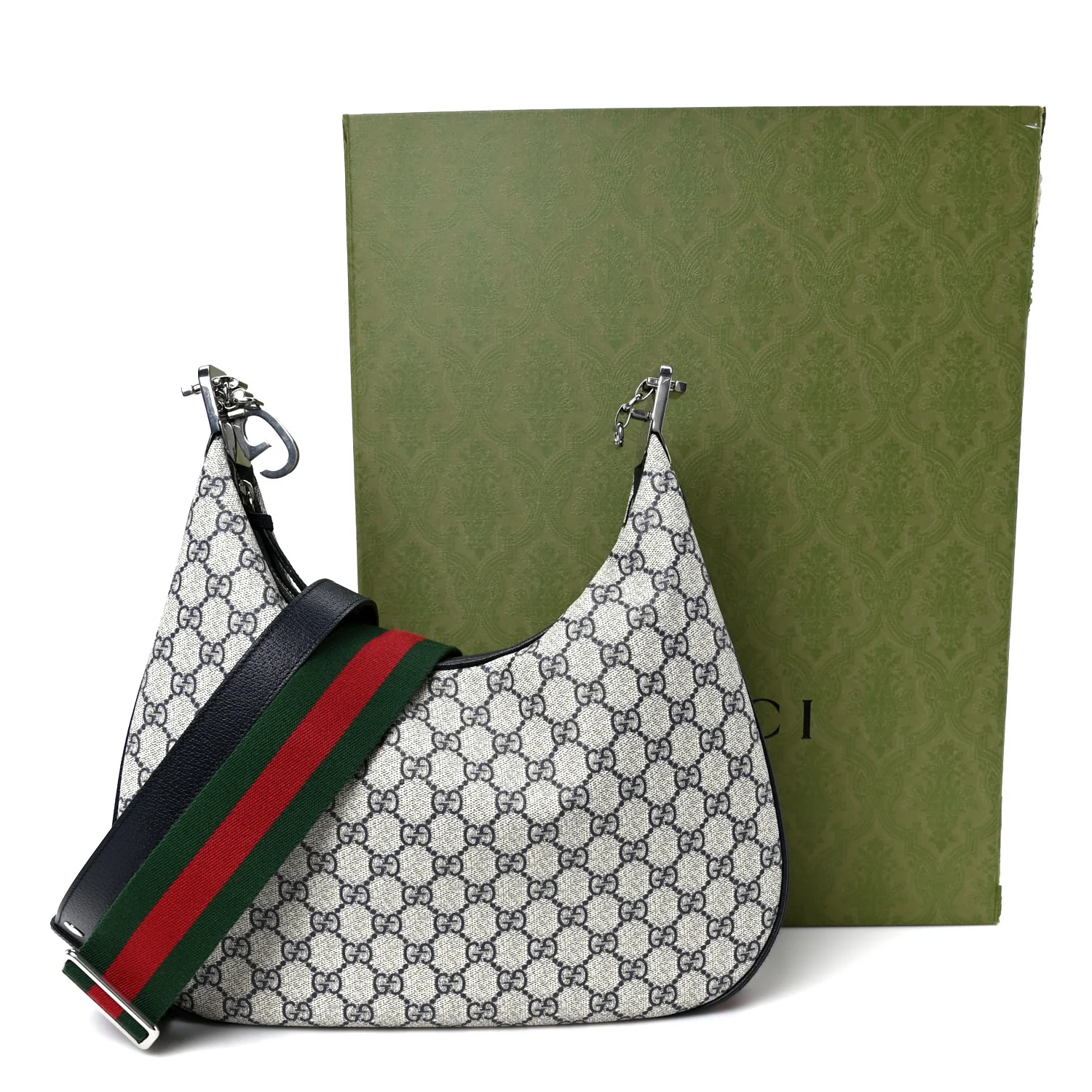 GG Supreme Monogram Textured Calfskin Web Large Attache Shoulder Bag Beige Blue - Top Club
