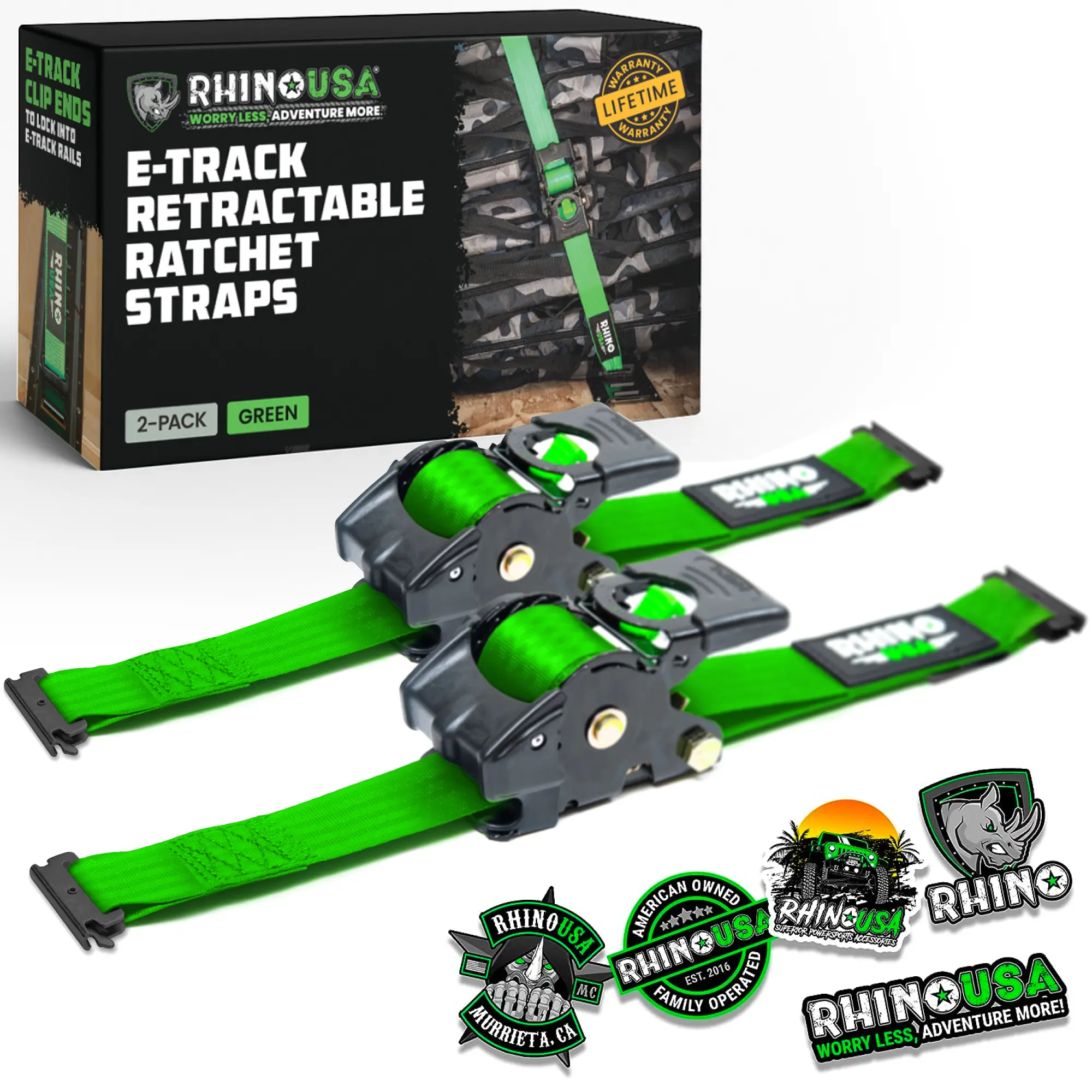 Rhino USA 2”x10’ Retractable E-Track Ratchet Straps: 3033lb Max Break Strength Compatible with E Track Rail Systems only