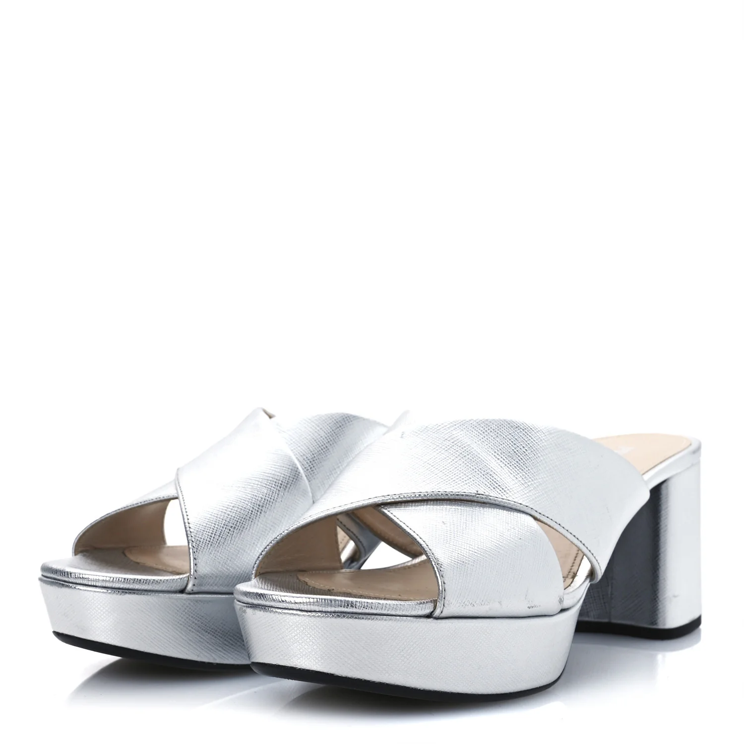 Metallic Saffiano Crisscross Platform Sandals 41 Silver - Top Club