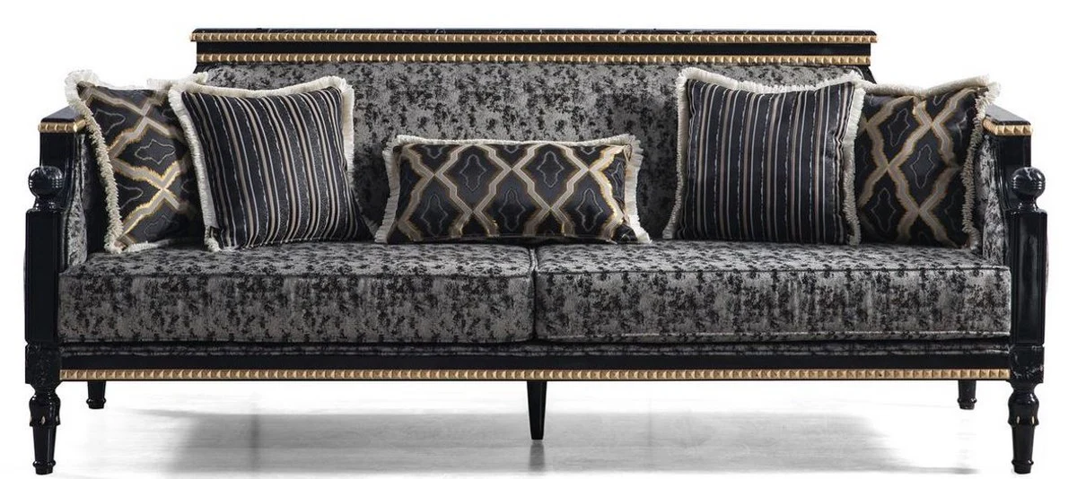 Luxury baroque living room set gray / black / gold - 2 sofas & 2 armchairs & 1 coffee table with glass top in marble look - living room furniture in baroque style - noble and magnificent