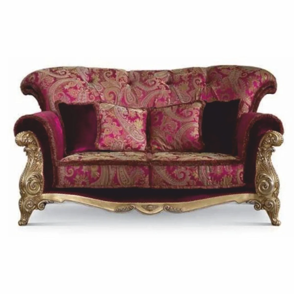 Luxus Barock 2er Sofa Bordeauxrot / Gold / Silber 208 cm - Made in Italy