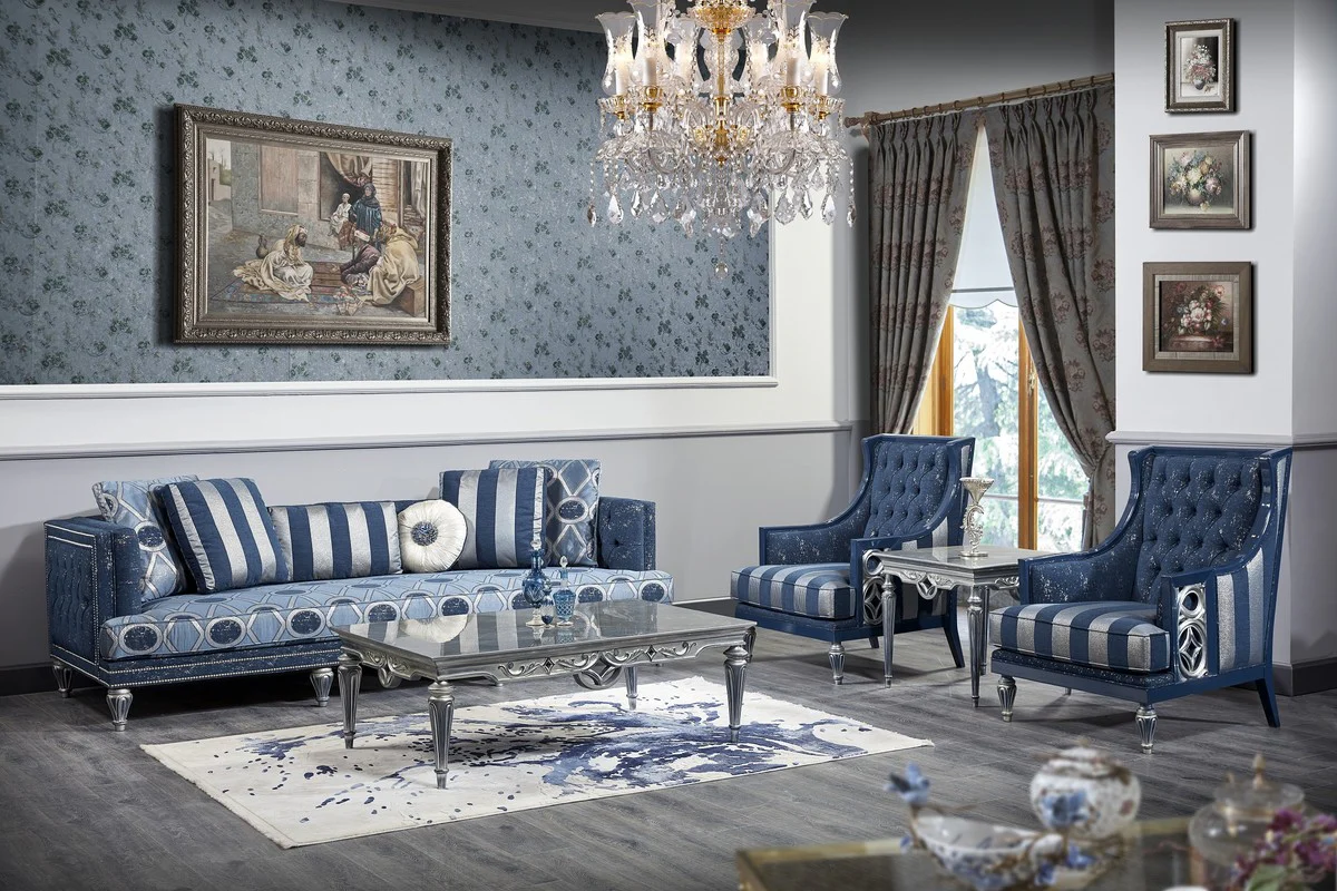 Luxury Baroque Living Room Set Dark Blue / Light Blue / Silver - Sofa & 2 Armchairs & Coffee Table - Baroque Living Room Furniture