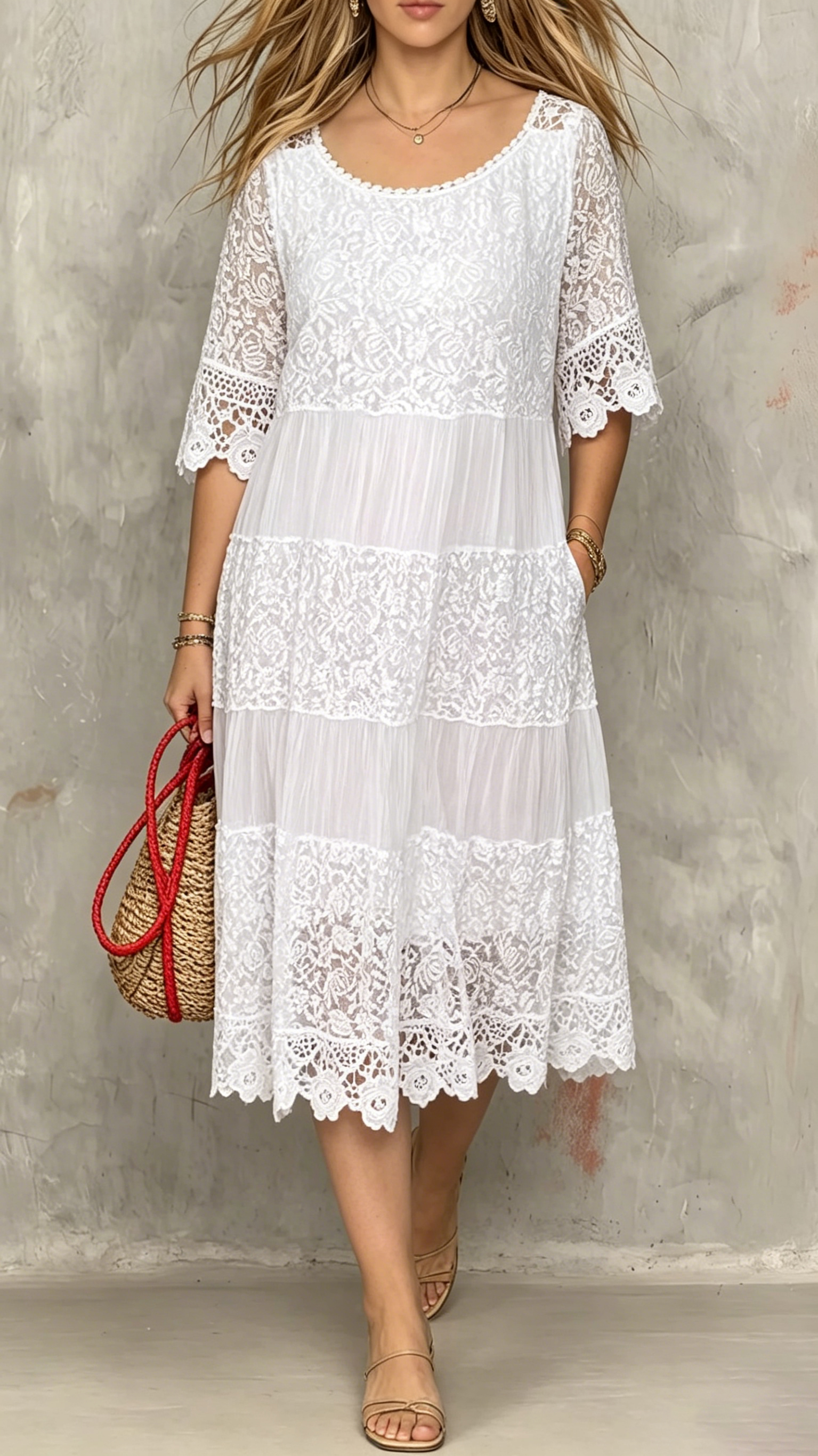 Women's Round-Neck Short-Sleeve Lace-Trimmed Dress - Nordfashionstorm - Women's Clothing, Fashion for You - Nordfashionstorm.com