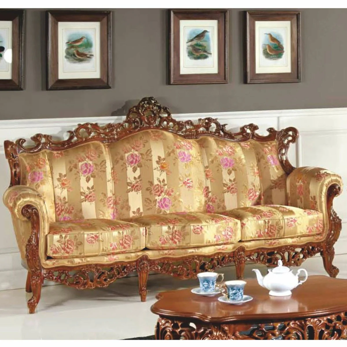 Luxus Barock Wohnzimmer Sofa Gold / Braun 215 cm - Made in Italy