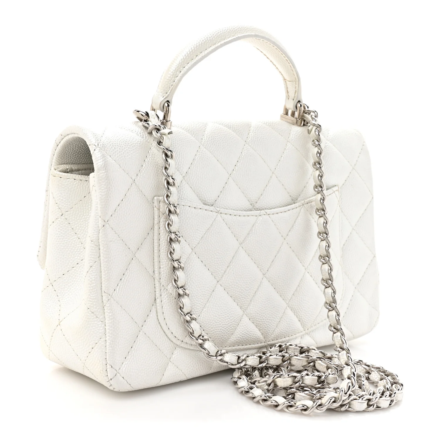 Metallic Caviar Quilted Mini Top Handle Rectangular Flap White - Top Club