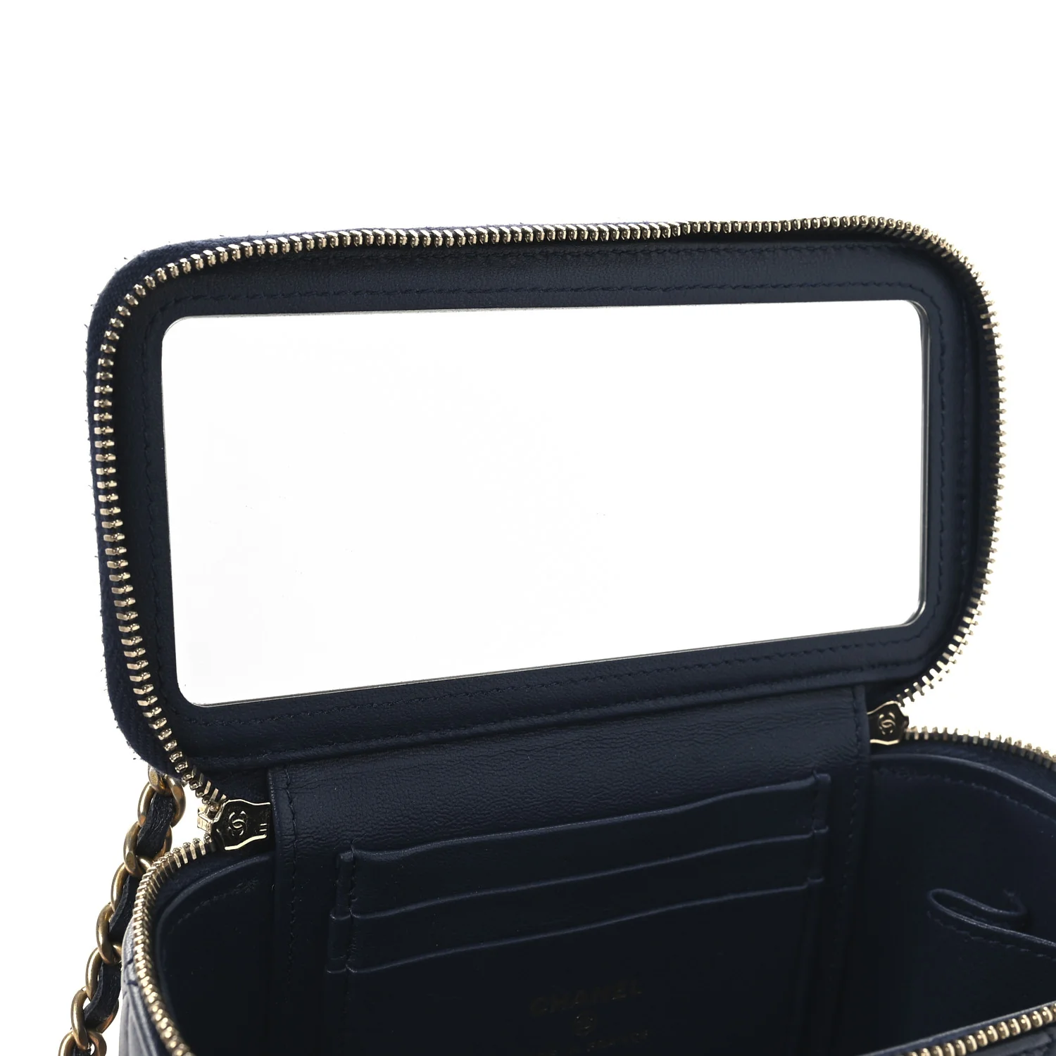 Lambskin Quilted Metal Small Top Handle Vanity Case With Chain Blue - Top Club
