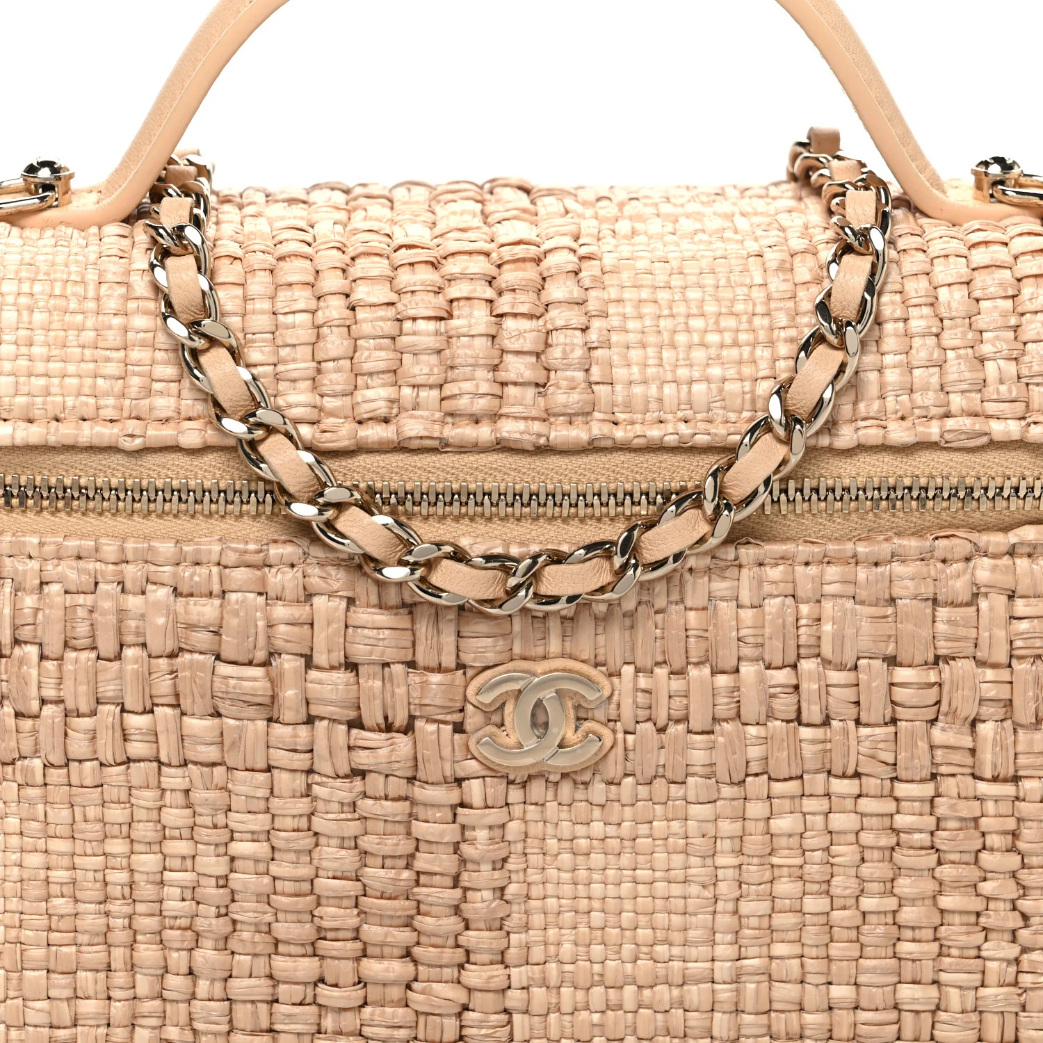 Braided Raffia Quilted Top Handle Slim Vanity Case With Chain Beige - Top Club