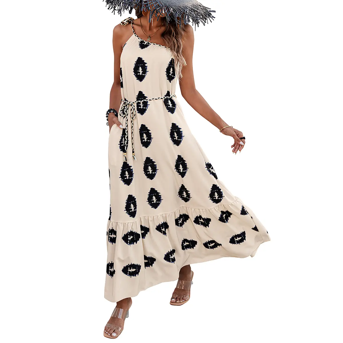 PrettyGarden Women's One Shoulder Spaghetti Strap Printed A Line Flowy Boho Maxi Long Sundress