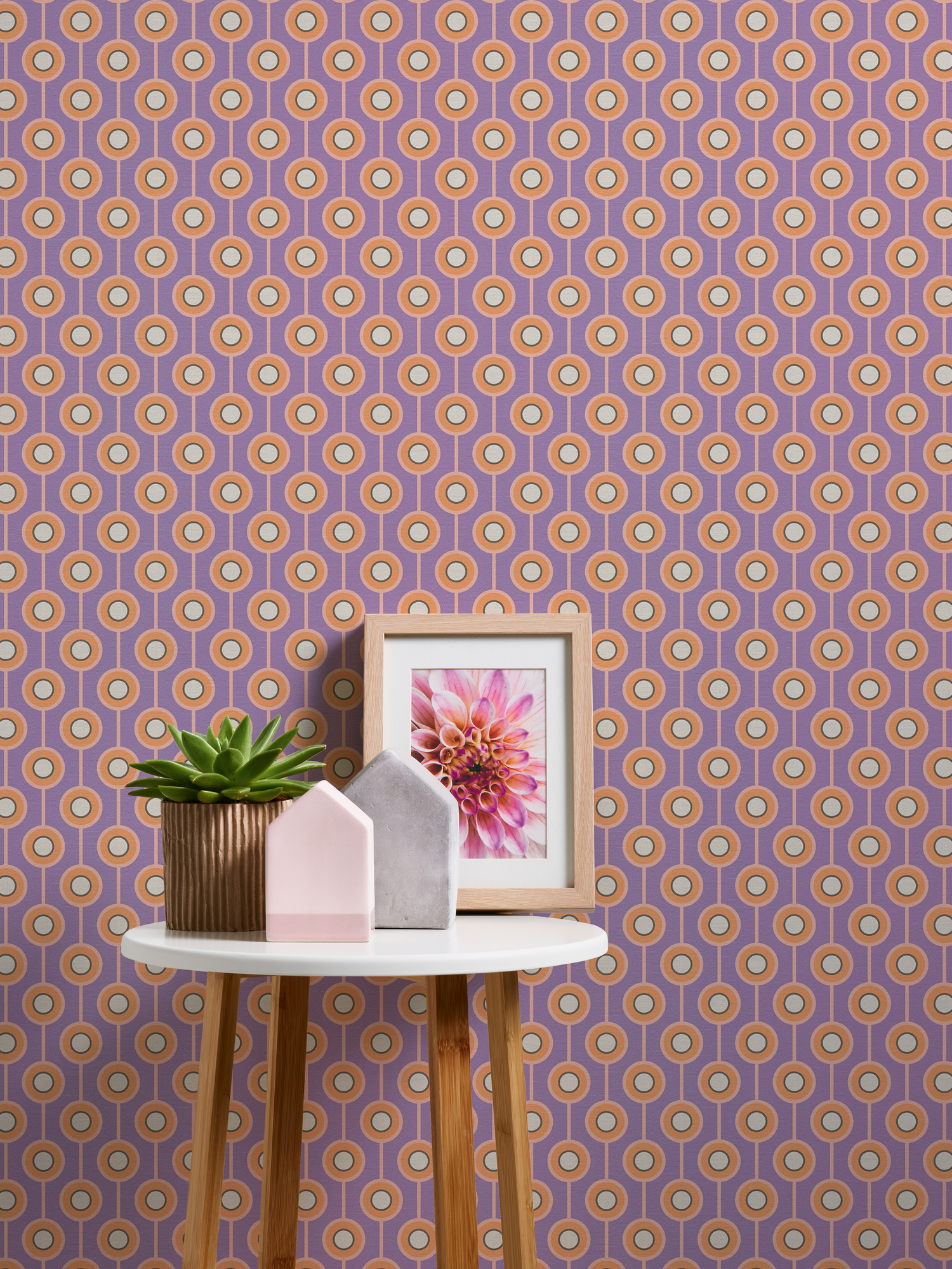 Retro vliesbehang abstract cirkelpatroon – paars, oranje, beige Abstract cirkelpatroon op vliesbehang in retrostijl – paars, oranje, beige #1