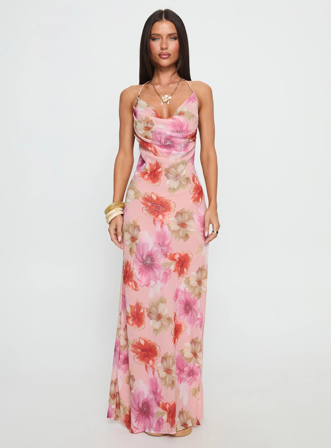 Sibellah Beaded Cowl Neck Maxi Dress Pink Multi