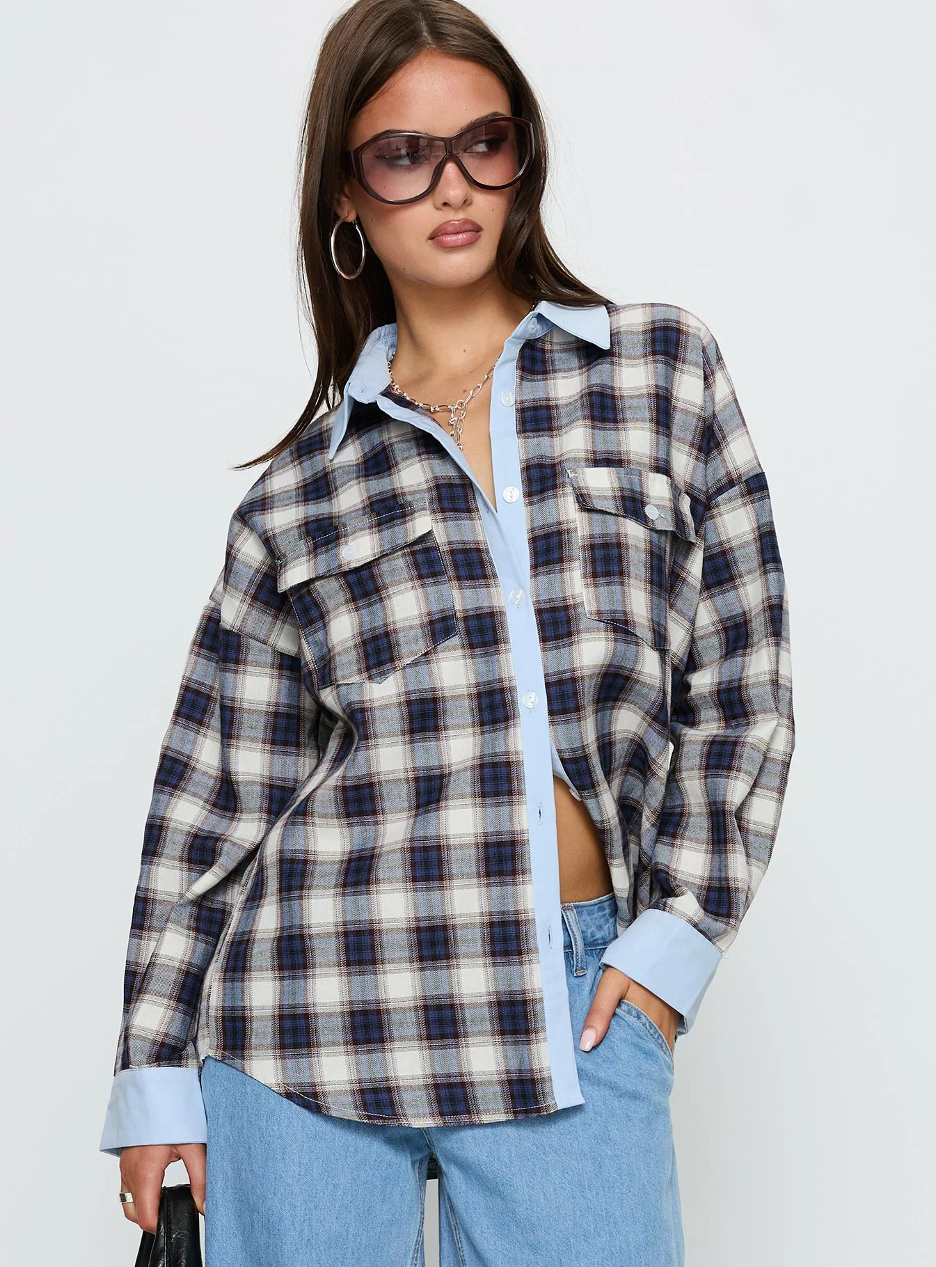 Walda Contrast Flannel Shirt Blue Check