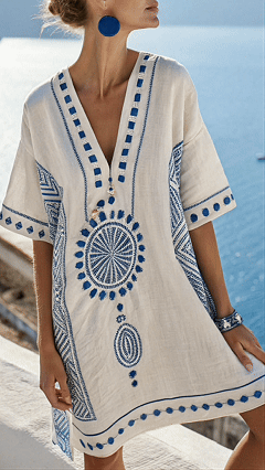 Women's V-Neck Dress – Beach Vacation Style, Printed, Loose-Fit Midi Dress - Nordfashionstorm - Women's Clothing, Fashion for You - Nordfashionstorm.com