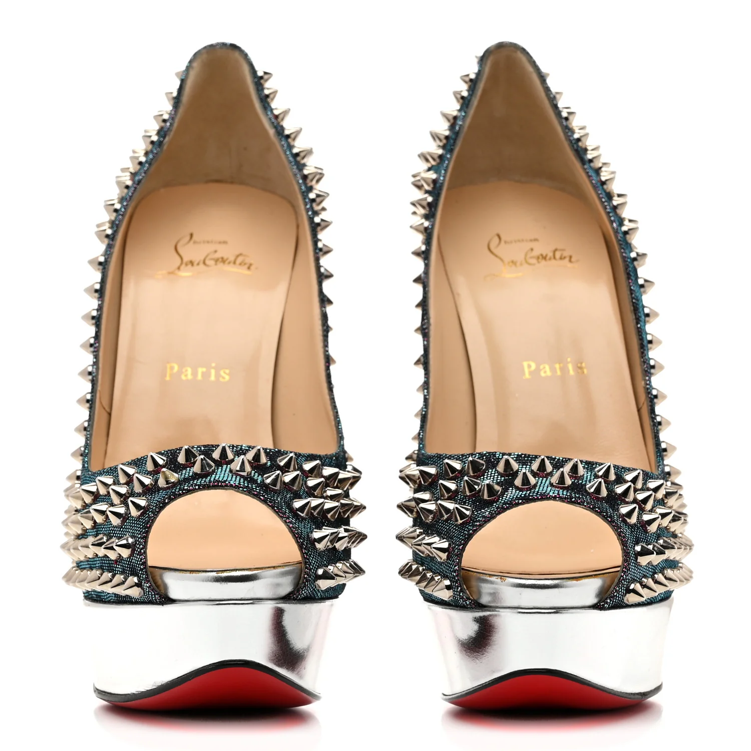 Lame Satin Lady Peep Spikes 150 Pumps 39 Turquoise Violet Silver - Top Club