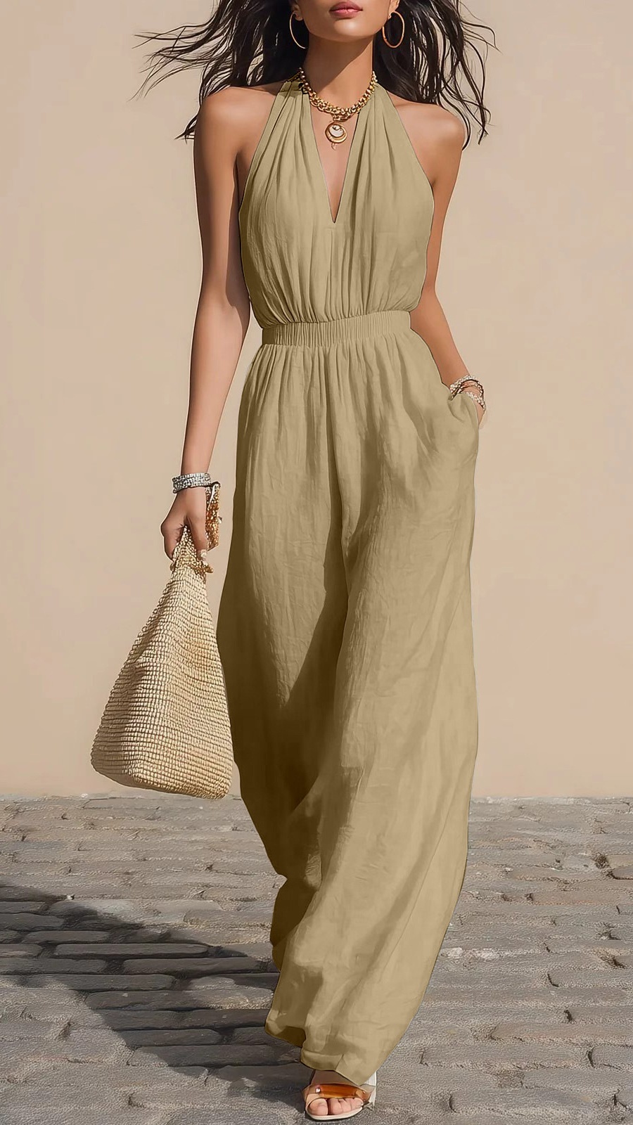 Women's Halter-Neck V-Neck Slim-Fit Jumpsuit — Simple Solid-Color Wide-Leg Trousers - Nordfashionstorm - Women's Clothing, Fashion for You - Nordfashionstorm.com