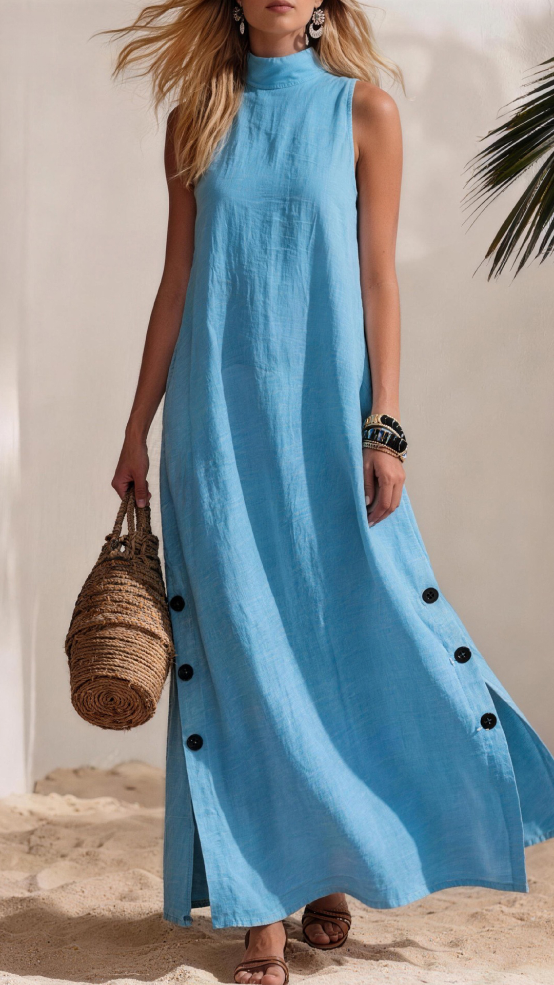 Women's Cotton-Blend High-Neck Sleeveless Slit Maxi Dress - Nordfashionstorm - Women's Clothing, Fashion for You - Nordfashionstorm.com