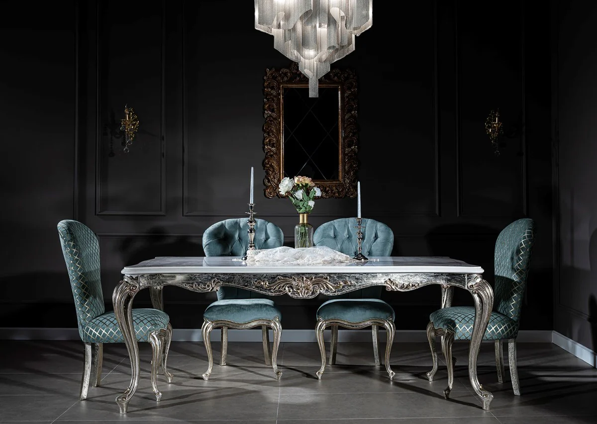Luxury baroque dining table white / silver / gold 207 x 112 x H. 82 cm - solid wood dining room table - noble baroque dining room furniture