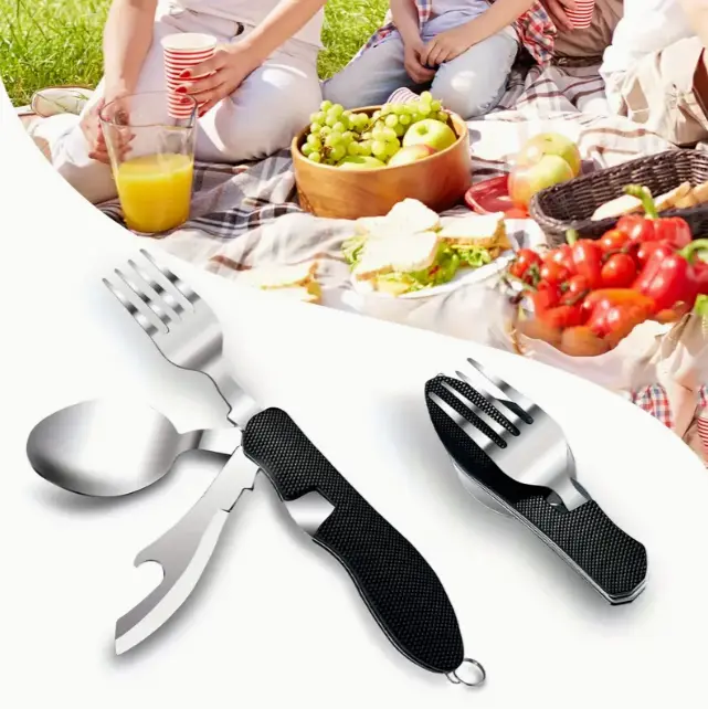 Foldable Removable Multi-Purpose Camping Cutlery Combo - 1 Knife, Fork, Spoon Set, Ergonomically Designed, Robust Materials Outdoorgear, Portable Picnic Tool for Camping, Hiking with Versatile Usage