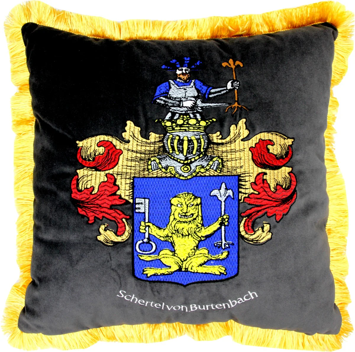 Luxury decorative cushion coat of arms Freiherr Schertel from Burtenbach gray / gold