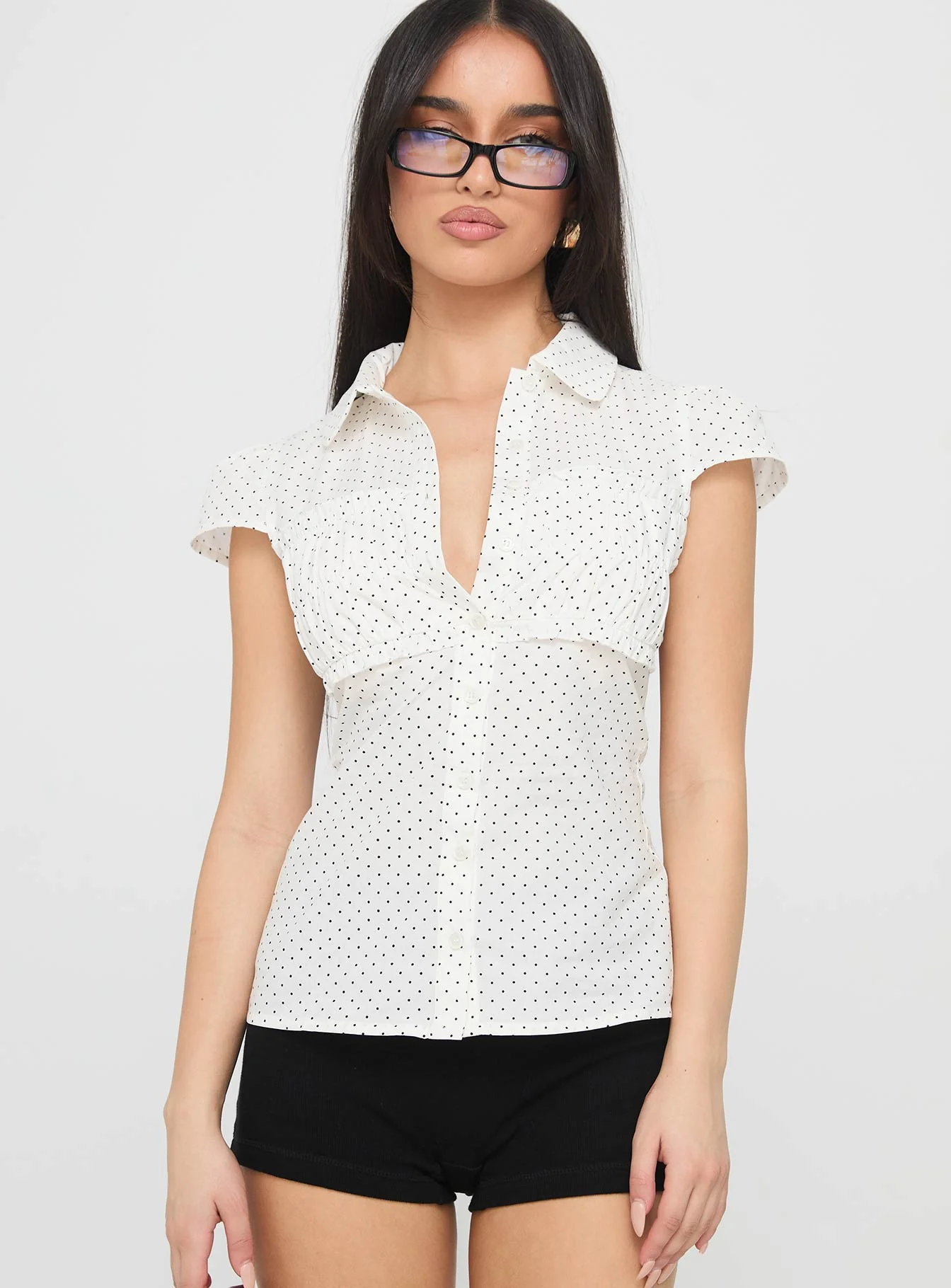 Lyzbeth Ruched Button Up Top White Polka