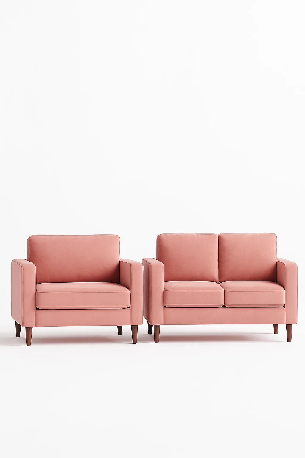 Conjunto sofás 2 plazas + sillón en tejido rosa con patas de madera