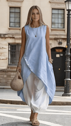 Women's Everyday Round-Neck Linen Midi Dress with Asymmetrical Hem and Pockets - Nordfashionstorm - Women's Clothing, Fashion for You - Nordfashionstorm.com