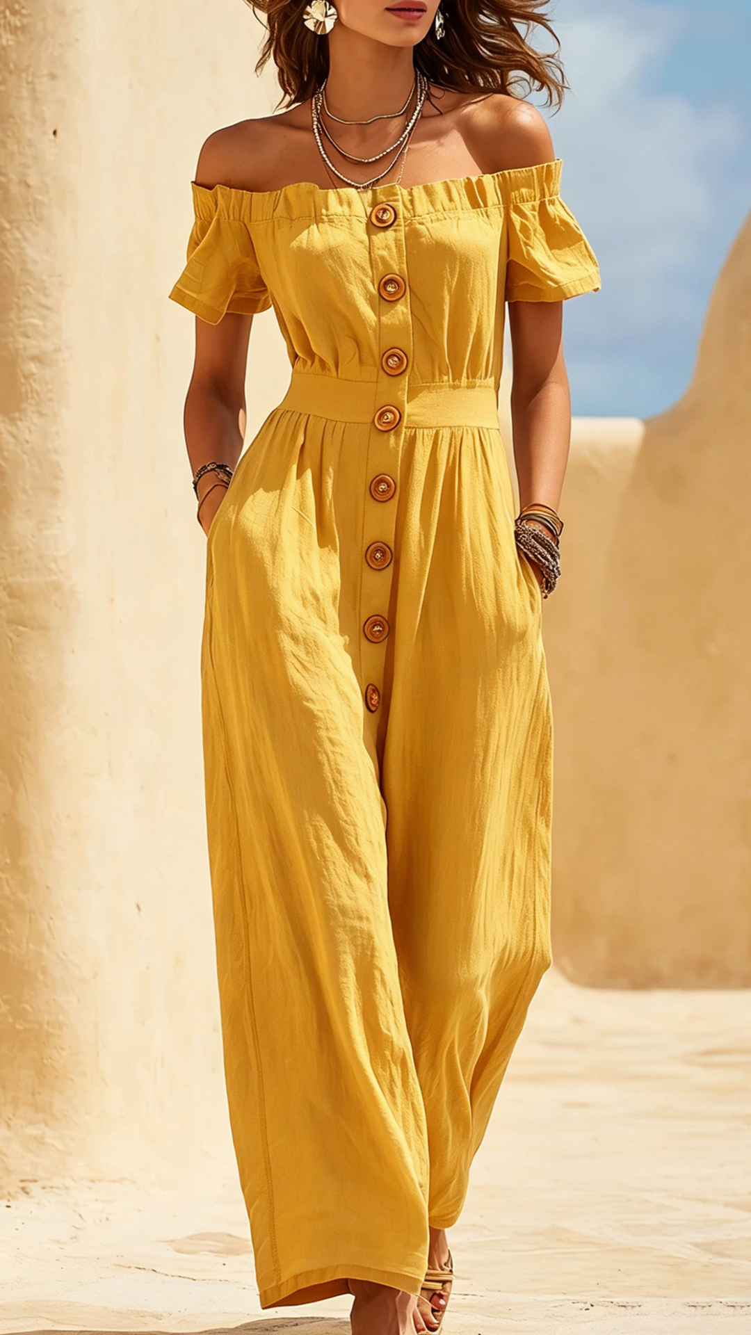 Women's Cotton‑blend Off‑the‑Shoulder Puff Sleeve Waist‑cinched Jumpsuit - Nordfashionstorm - Women's Clothing, Fashion for You - Nordfashionstorm.com