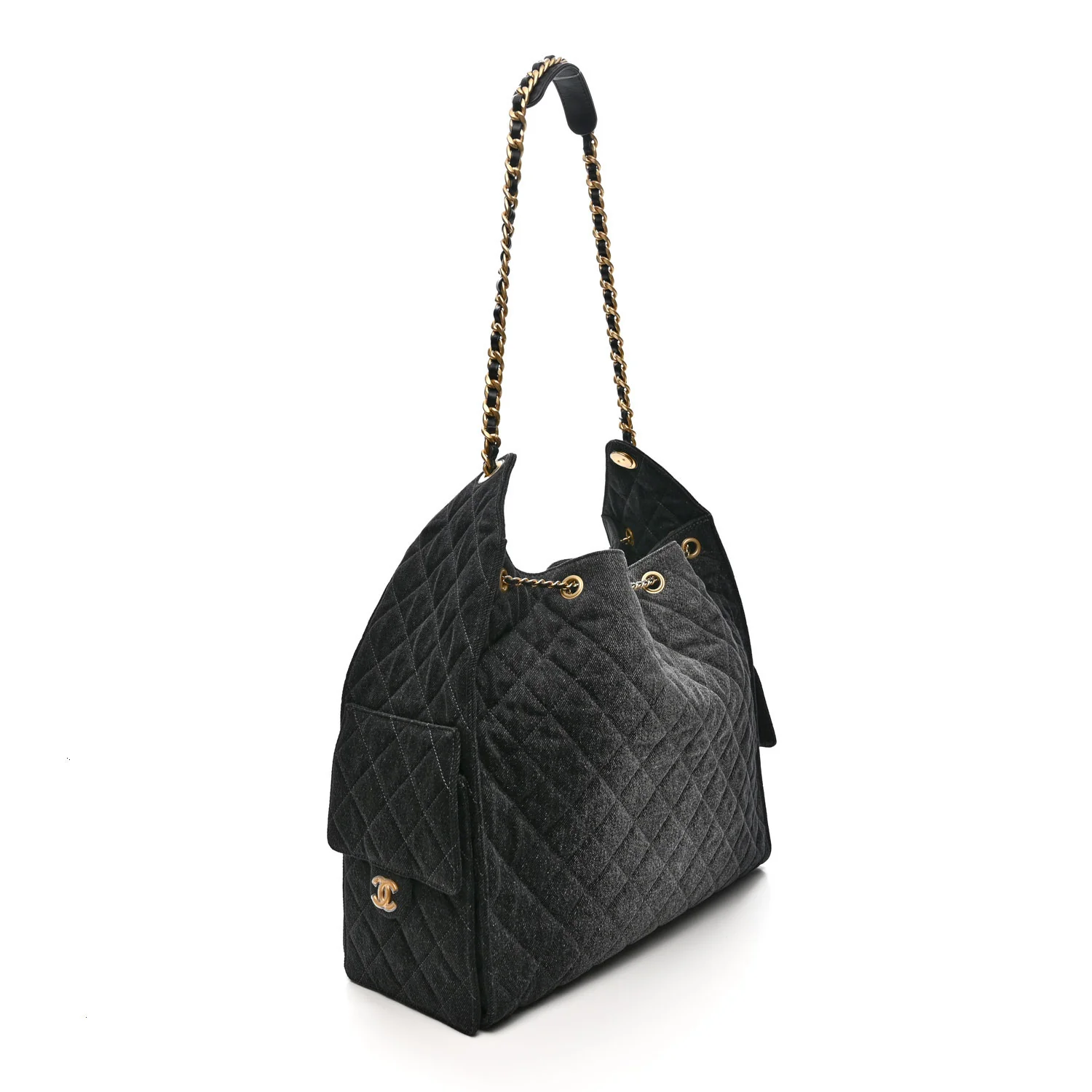 Washed Denim Quilted Large Chanel 25 Handbag Black - Top Club
