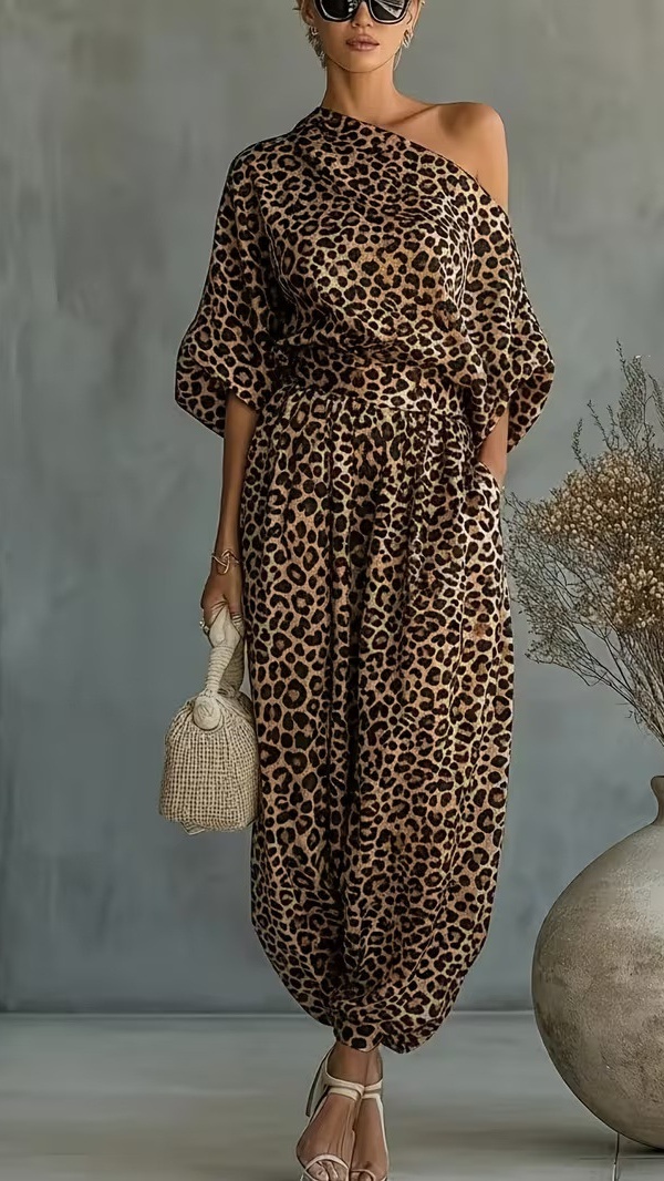 Women's Leopard Print Set: One-Shoulder Top and Harem Pants - Nordfashionstorm - Women's Clothing, Fashion for You - Nordfashionstorm.com
