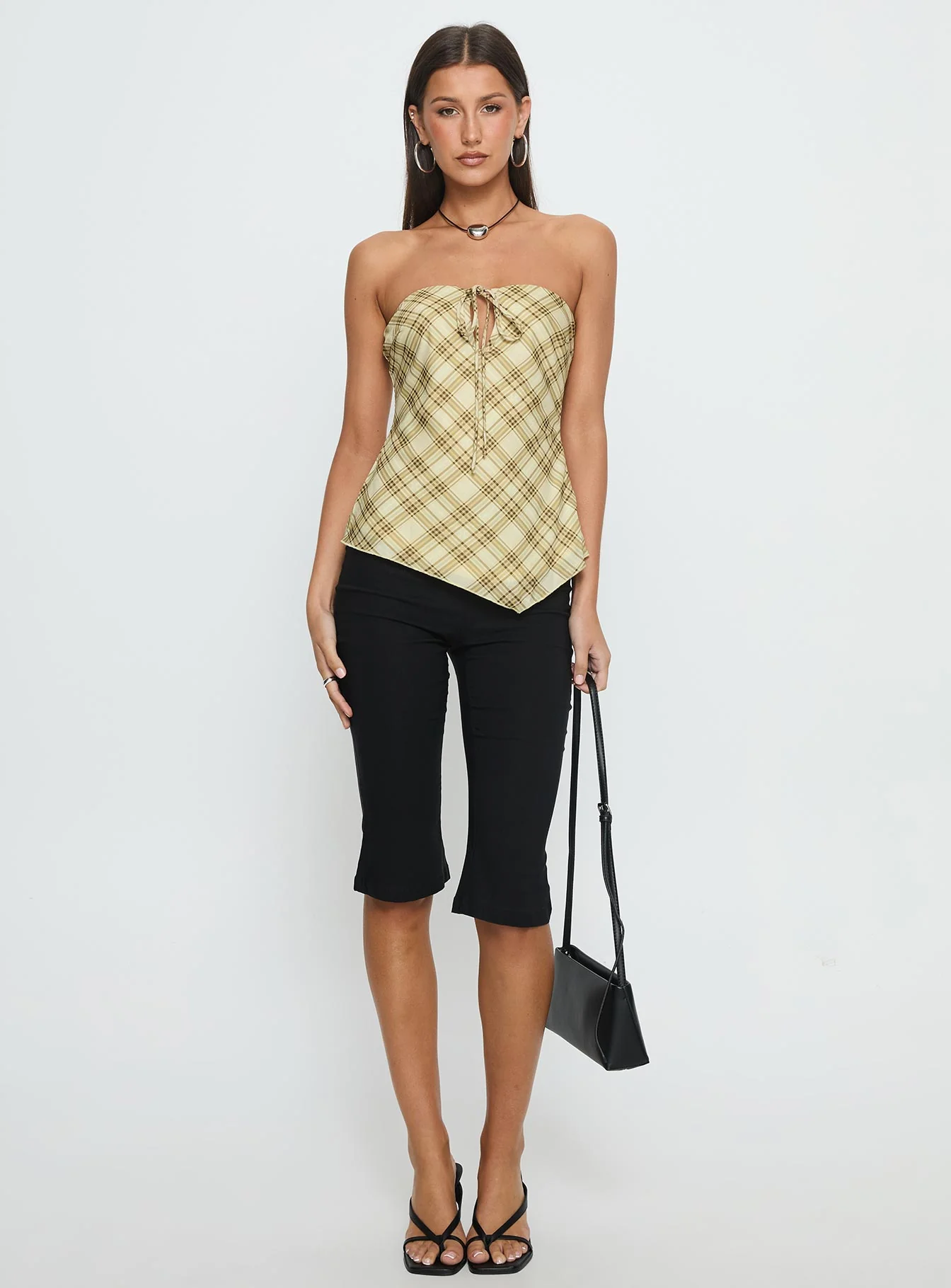 I Wonder Strapless Cut Out Top Yellow Check