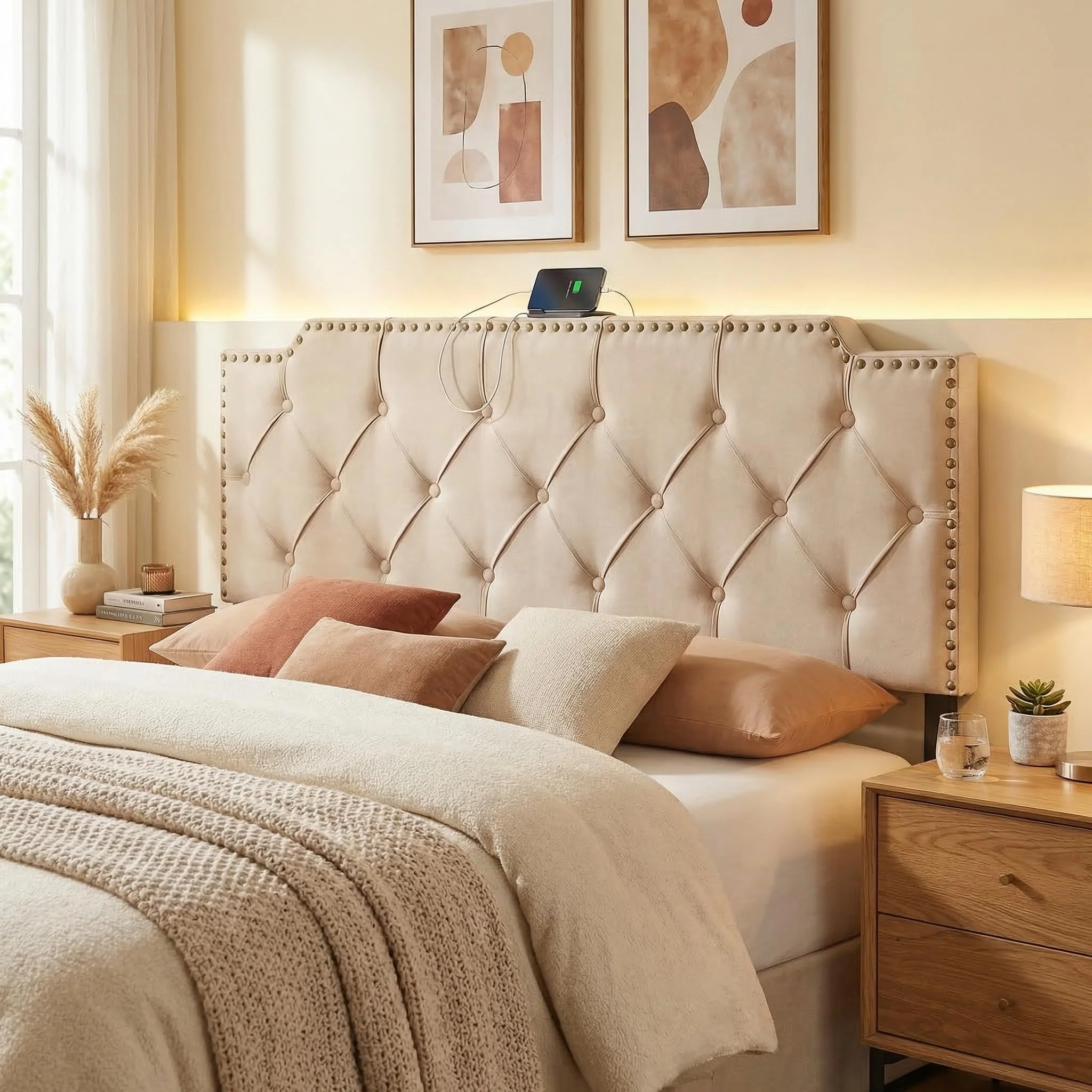 BEFOUNDLOVELY Riveted Upholstered Headboard with Charging Station for Full & Queen Size Bed Frame