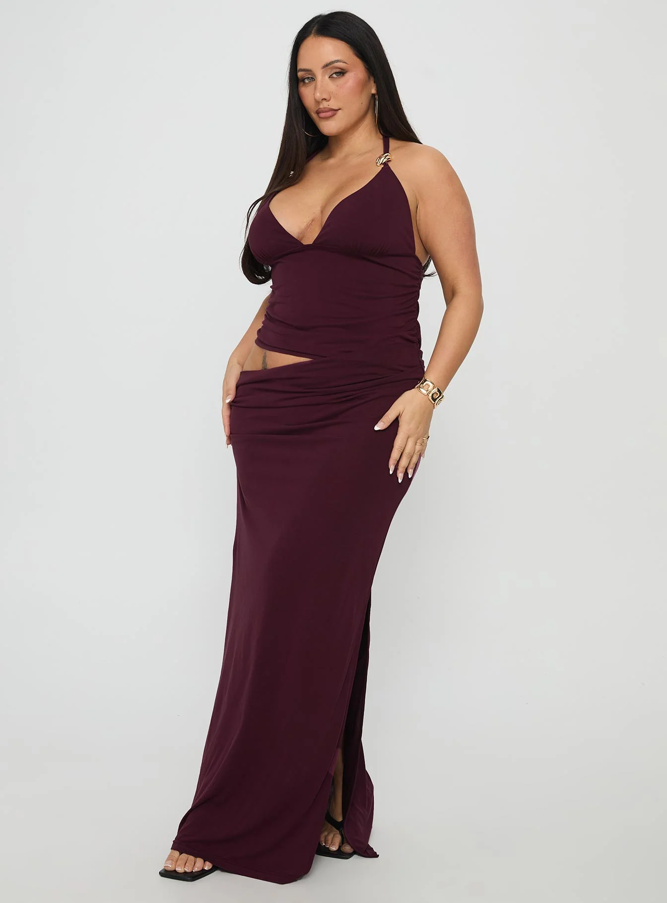 Imeraldia Hardware Halter Maxi Dress Currant Curve