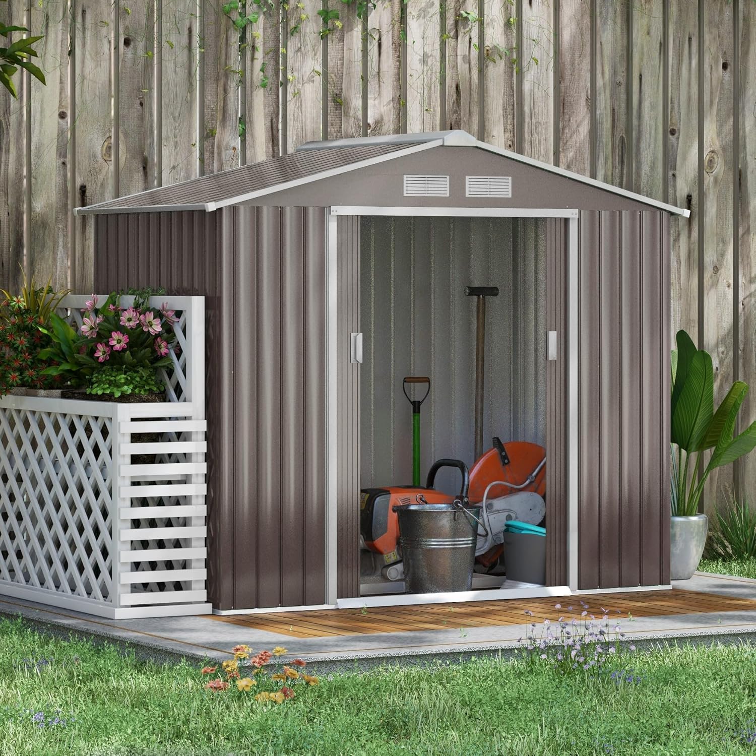 Outsunny Casetta da Giardino 2.5m² in Acciaio Zincato con Basamento e Prese d'Aria, Capanno Porta Attrezzi con Tetto Inclinato, Doppie Porte Scorrevoli Bloccabili, 213x130x185 cm, Grigio