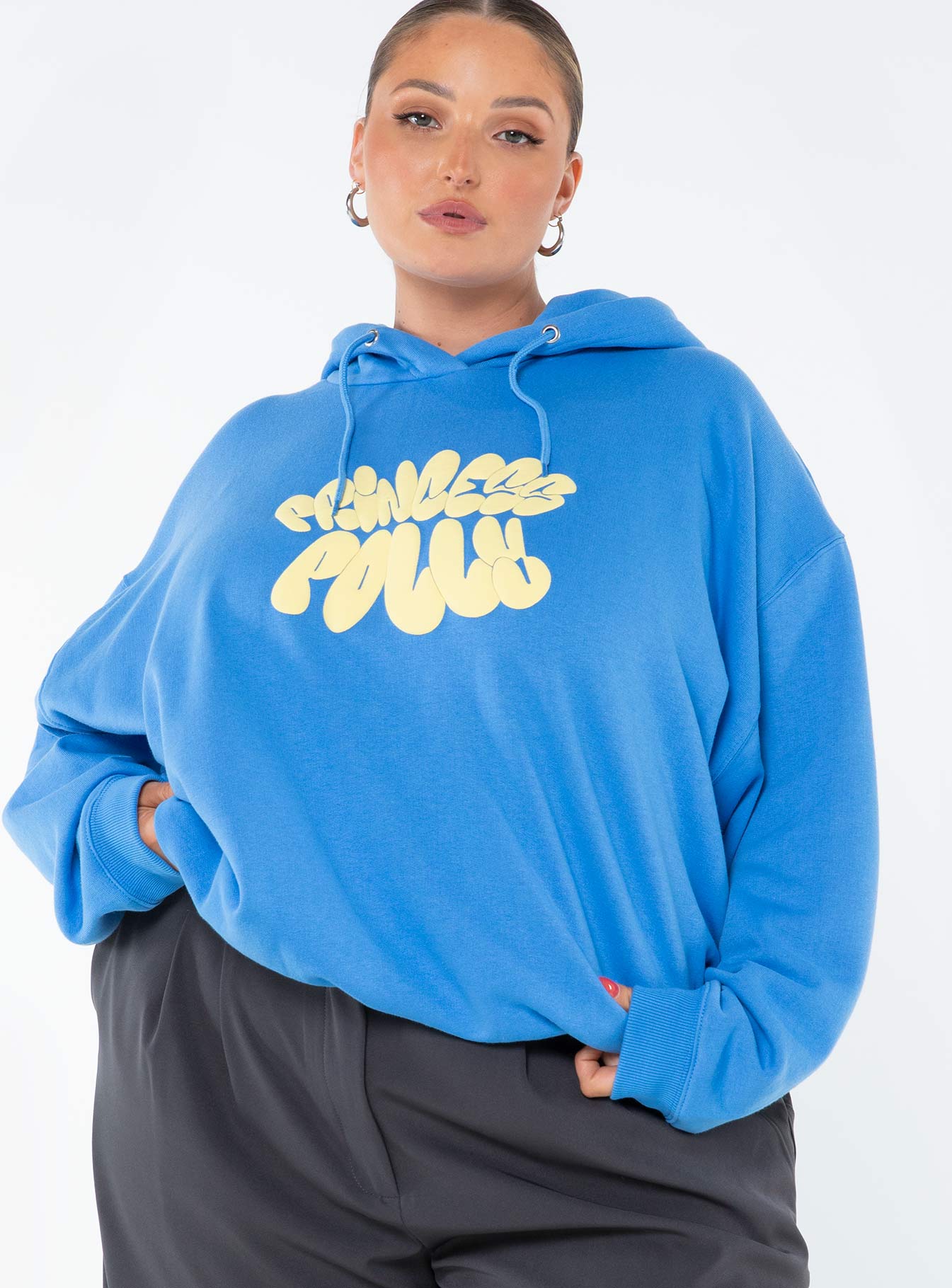 Princess Polly Hooded Sweatshirt Bubble Text Blue / Yellow Curve