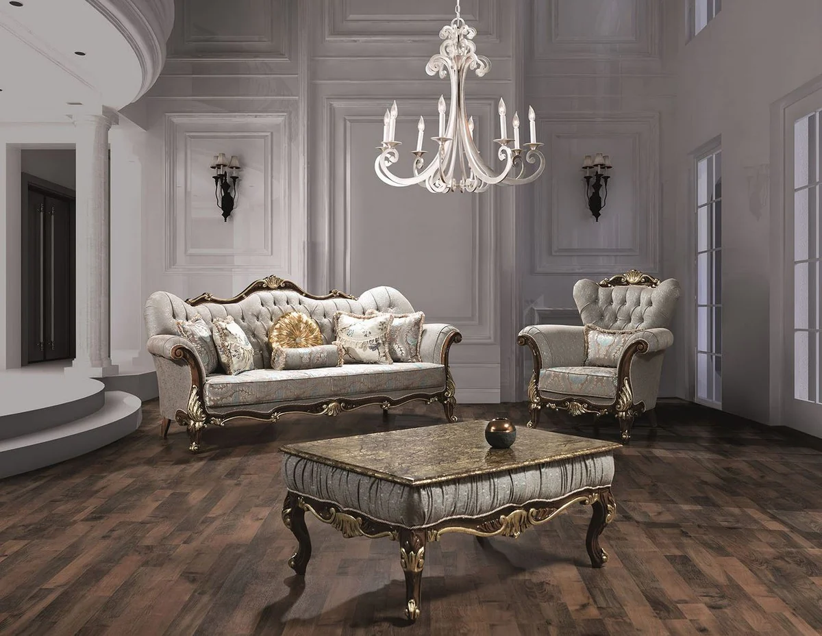 Luxury Baroque Living Room Set Silver Gray / Brown / Gold - 2 Sofas & 2 Armchairs & 1 Coffee Table - Living Room Furniture - Noble & Magnificent
