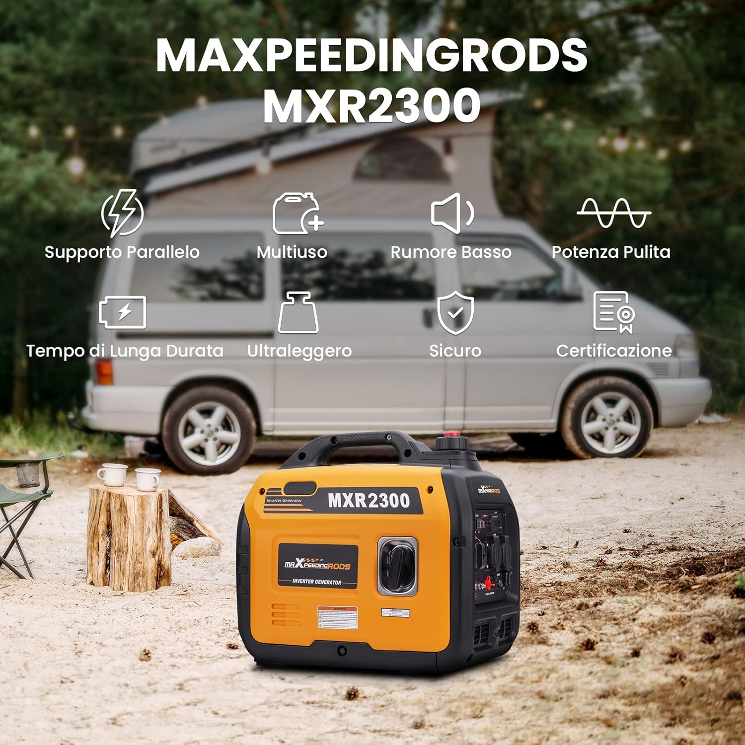 maXpeedingrods 2300W Generatore di Corrente Silenziato a Benzina Inverter per all'Aperto Camper Partito Generatore Elettrico Emergenza Portatile con prese USB e 230V Leggero
