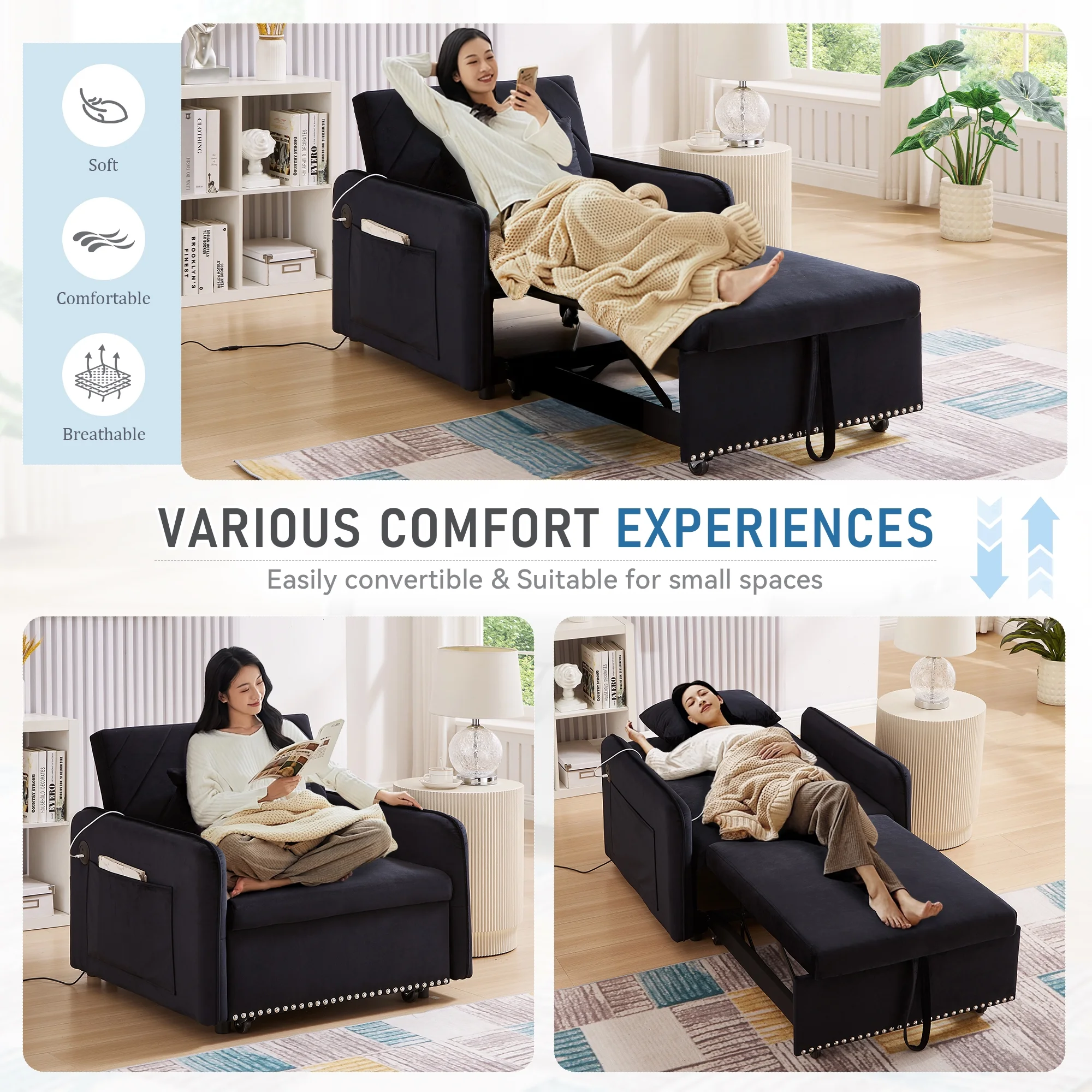 Lunale 3 - in - 1 Convertible Sleeper Chair Bed, Indoor Lounge Chair with USB/Type - C Charging Ports, Modern Recliner Sofa for Living Room, Gray Velvet