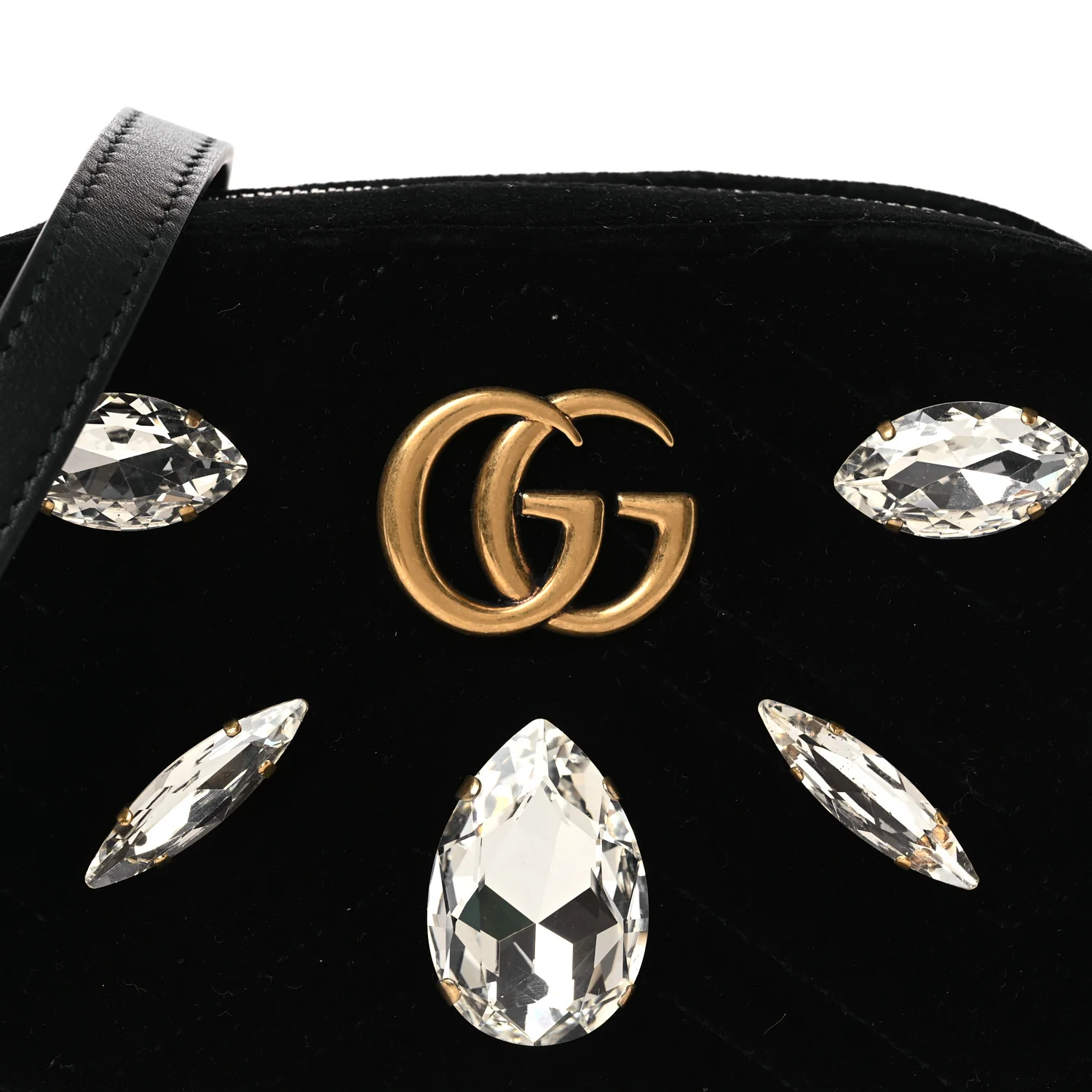 Velvet Matelasse Marquise Crystals Mini GG Marmont Chain Shoulder Bag Black - Top Club