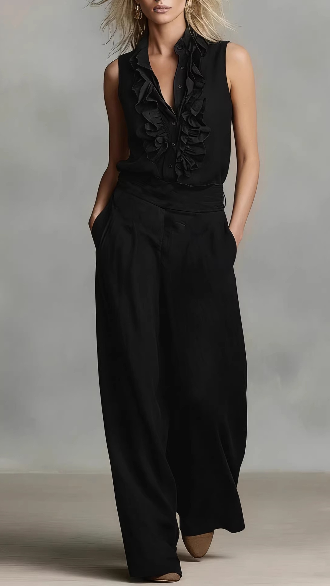 Women's Simple Linen-Blend Sleeveless Shirt and Wide-Leg Pants Set - Nordfashionstorm - Women's Clothing, Fashion for You - Nordfashionstorm.com