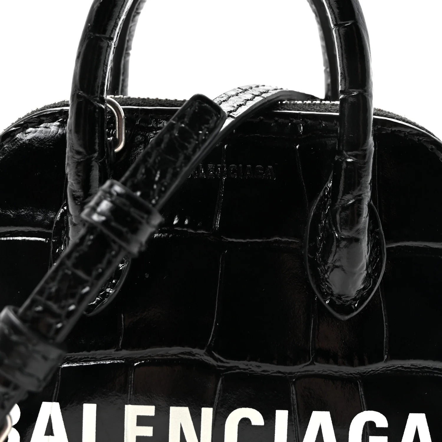 Shiny Calfskin Logo Crocodile Embossed Mini Ville Top Handle Bag Black - Top Club