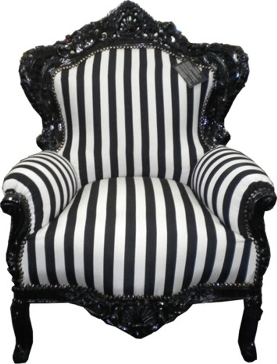 Baroque Armchair King Black / White Stripes / Black - Antique Style