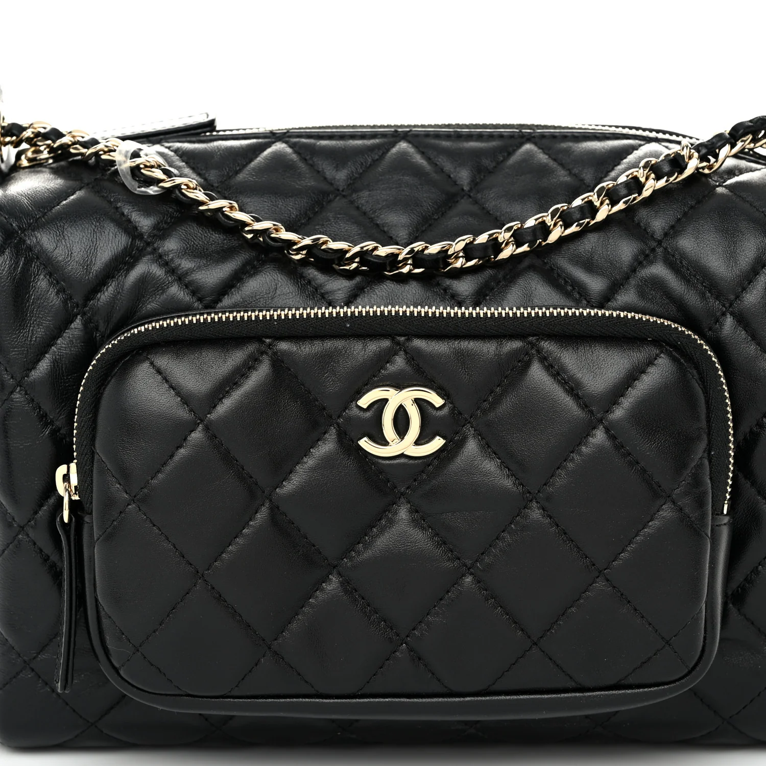 Shiny Crumpled Lambskin Quilted Medium Preppy Pocket Camera Case Black - Top Club